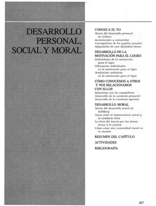 CONOZCA EL YO
                 Teoría del desarrollo personal
                   de Erikson


    PERSONAL,    Autoconcepto y autoestima
                 Concepciones de los papeles sexuales
                 Adquisición de una identidad étnica

SOCIAL Y MORAL   DESARROLLO DE LA
                 MOTIVACIÓN PARA EL LOGRO
                 Definiciones de la motivación
                   para el logro
                 Diferencias individuales
                   en la motivación para el logro
                 Tendencias evolutivas
                   en la motivación para el logro

                 CÓMO CONOCEMOS A OTROS
                 Y NOS RELACIONAMOS
                 CON ELLOS
                 Relaciones con los compañeros
                 Desarrollo de la conducta prosocial
                 Desarrollo de la conducta agresiva

                 DESARROLLO MORAL
                 Teoría del desarrollo moral de
                   Kohlberg
                 Nexos entre el razonamiento moral y
                   la conducta ética
                 La ética del interés por los demás
                   frente a la justicia
                 Cómo crear una comunidad moral en
                   la escuela

                 RESUMEN DEL CAPÍTULO
                 ACTIVIDADES

                 BIBLIOGRAFÍA
 