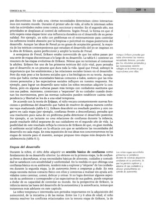 CONOZCA EL YO




 pas discontinuas. En cada una, ciertas necesidades determinan cómo interactua-
 mos con nuestro mundo. Durante el primer año de vida, al niño le interesan sobre
 todo las actividades orales como comer, succionar y morder. En el segundo año, sus
 prioridades se desplazan al control de esfínteres. Según Freud, la forma en que el
 niño supera estas etapas tiene una influencia duradera en el desarrollo de su perso
 nalidad. Por ejemplo, un niño con problemas en el entrenamiento para controlar
 los esfínteres tendrá obsesión por la limpieza o pulcritud en etapas posteriores del
 desarrollo. Aunque las ideas de Freud ya no gozan de aceptación general, la mayo
 ría de los teóricos contemporáneos que estudian el desarrollo del yo se inspiran en
 la obra de Erikson, quien perfeccionó y amplió la teoría de Freud.
    A semejanza de Freud, Erikson estaba convencido de que los niños pasan por             Aunque Erikson pensaba que
                                                                                           todos afrontamos las mismas
 una serie de etapas discontinuas a lo largo de su desarrollo. La tabla 6.1 contiene un
                                                                                           necesidades básicas, pensaba
 resumen de las etapas evolutivas de Erikson. Nótese que no terminan al comenzar
                                                                                           que las relaciones personales y
 la adultez. Erikson fue uno de los primeros teóricos del ciclo vital, pues pensaba        las expectativas sociales
 que el desarrollo es un proceso que dura toda la vida. Igual que Freud, subrayó la        influyen en la forma en que

 importancia que los sentimientos y las relaciones sociales tienen en el desarrollo.       respondemos ante ellas.

 Pero dio más peso a los factores sociales que a los biológicos en su teoría. Aunque
 creía que había ciertas necesidades básicas comunes a todos, sostuvo que las rela
 ciones personales y las expectativas sociales influyen en nuestra respuesta. Por
 ejemplo, para lograr un desarrollo sano todos los niños necesitan adquirir la con
 fianza, pero en algunas culturas pasan más tiempo con cuidadores sustitutos que
 con sus padres. Asimismo, comienzan a "separarse" de su cuidador cuando domi
 nan los movimientos, pero las normas culturales pueden establecer cuánta inde
 pendencia y libertad se les da a una edad temprana.
     De acuerdo con la teoría de Erikson, el niño encara constantemente nuevas fun
  ciones o problemas del desarrollo que habrá de resolver de alguna manera confor
  me vaya madurando (tabla 6.1). Erikson descubrió un resultado positivo y otro ne-
Igativo en cada etapa (por ejemplo, confianza frente a desconfianza); pensaba que
 una resolución poco sana de un problema podía deteriorar el desarrollo posterior.
  Por ejemplo, si un lactante no crea relaciones de confianza durante la infancia,
  puede resultarle difícil separarse de sus cuidadores en el segundo año de vida. La
  posibilidad de este resultado refleja la creencia de Erikson de que, en gran medida,
  el ambiente social influye en la eficacia con que se satisfacen las necesidades del
  desarrollo en cada etapa. En esta exposición de sus ideas nos concentraremos en las
  etapas de interés para el maestro, aunque propuso tres etapas más después de la
  adolescencia (tabla 6.1).



  Etapas del desarrollo

  Durante la niñez, el niño debe adquirir un sentido básico de confianza como              Los niños cuyas necesidades
                                                                                           primarias se satisfacen
  fundamento de su desarrollo ulterior. Lo obtiene en la primera etapa, la de confian
                                                                                           durante la infancia adquieren
  za frente a desconfianza, si sus necesidades básicas de alimento, cuidados y comodi-     confianza en su ambiente, lo
Idad se satisfacen con sensibilidad y uniformidad. En la medida en que obtenga una         que les permite explorar y
  confianza básica en su ambiente, tenderá más a explorar y "alejarse" de los cuidado      alejarse de sus cuidadores y

  res durante la segunda etapa, la de autonomía frente a vergüenza y duda. En esta         obtener gradualmente un
                                                                                           sentido de autonomía.
  etapa necesita menos contacto físico con ellos y comienza a realizar sin ayuda acti
  vidades como caminar, comer, defecar y orinar. Si no logra dominar algunos aspec
  tos de su ambiente o corresponder a las expectativas de sus padres, puede empezar
  a dudar de su capacidad de controlar su mundo. En la perspectiva de Erikson, la
  infancia sienta las bases del desarrollo de la autoestima y la autoeficacia, temas que
  trataremos más adelante en este capítulo.
     La niñez temprana e intermedia son periodos importantes en la adquisición del
  autocontrol, de la iniciativa y de las metas. Entre los 3 y 6 años de edad, el niño
  intenta resolver los conflictos relacionados con la tercera etapa de Erikson, la de
 