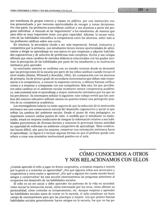 CÓMO CONOCEMOS A OTROS Y NOS RELACIONAMOS CON ELLOS




por enseñanza de grupos enteros y repaso en público, por una instrucción me
nos personalizada y por menores oportunidades de escoger y tomar decisiones.
Por otra parte, los profesores acostumbran calificar a sus alumnos a partir del pro
greso individual. A menudo se da "seguimiento" a los estudiantes, de manera que
para ellos es muy importante tener una gran capacidad. Además, la escasa varia
ción de las habilidades intensifica la competencia entre los alumnos, sobre todo si
los profesores califican sobre una curva.
  En resumen, la secundaria tiende a ser más impersonal, formal, evaluativa y
competitiva que la primaria. Los estudiantes tienen menos oportunidades de admi
nistrar y dirigir su aprendizaje en una época en que empiezan a adquirir habilida
des cognoscitivas y de solución de problemas más complejos. Eccles y sus colegas
afirman que estos cambios de métodos didácticos relacionados con los grados mer
man la percepción de las habilidades por parte de los estudiantes y su motivación
intrínseca para aprender.
  La conclusión anterior se confirma con un estudio reciente donde se demostró
que las percepciones de la escuela por parte de los niños cambian cuando inician el
nivel medio (Harter, Whitesell y Kowalski, 1992). En comparación con los alumnos
de primaria, los de primer grado de secundaria mencionaron que daban más impor
tancia a la competencia, a conocer la respuesta correcta, a obtener buenas califica
ciones y a empezar a compararse con sus compañeros. Más aún, los que percibie
ron estos cambios en el ambiente escolar mostraron menor competencia académi
ca, más ansiedad ante el aprendizaje y mayor motivación extrínseca que los que no
los percibieron. Es interesante señalar lo siguiente: este trabajo reveló que los cam
bios del entorno educativo influían menos en quienes tenían una percepción posi
tiva de su competencia académica.
   Los investigadores todavía no están seguros de que la reducción de la motivación
intrínseca sea una consecuencia natural del desarrollo cognoscitivo y social ni que
refleje los cambios del ambiente escolar. Desde el punto de vista pedagógico, es
importante conocer ambos puntos de vista. A medida que el estudiante va madu
rando, estará en mejores condiciones de integrar la información relativa a sus habi
lidades provenientes de diversas fuentes y entonces le provocará menos ansiedad
su capacidad de enfrentar un ambiente competitivo de aprendizaje. Tales condicio
nes hacen difícil, aún para los mejores, conservar una orientación intrínseca hacia
el aprendizaje. La figura 6.3 incluye algunas formas en que el profesor puede con
tribuir a crear una atmósfera motivacional positiva en el aula.




                                                        CÓMO CONOCEMOS A OTROS
                                             Y NOS RELACIONAMOS CON ELLOS
¿Cuándo aprende el niño a jugar en forma cooperativa, a mostrar empatia e interés
por la gente y a controlar su agresividad? ¿Por qué algunos niños son serviciales y
cooperativos y otros malos y agresivos? ¿Por qué a algunos les cuesta mucho hacer
amigos y conservarlos? En esta sección examinaremos las preguntas anteriores al
ocuparnos del desarrollo de las habilidades sociales.
  El niño es un ser social y debe aprender los patrones de la vida en sociedad:
cómo iniciar la interacción social, cómo interesarse por los otros, cómo afirmar su
personalidad, cómo controlar su temperamento, etc. Aunque empieza a aprender
las habilidades sociales antes de entrar en la escuela, el aula constituye un buen
campo de entrenamiento para que las practique y mejore. Los que poseen buenas
habilidades sociales generalmente hacen amigos en la escuela; los que no las po-
 