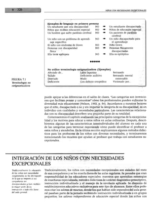 NIÑOS CON NECESIDADES EXCEPCIONALES




                                     Ejemplos de lenguaje en primera persona
                                     Un estudiante con una discapacidad       NO       ■ *■       Un estudiante discapacitado
                                     Niños que reciben educación especial     NO       ■♦         Niños de educación especial
                                     Un hombre que sufre parálisis cerebral   NO       "' *■      Un paciente de parálisis
                                                                                                    cerebral
                                     Un niño con un problema de aprendi       NO       ■ *■       Un niño discapacitado para
                                       zaje específico                                              el aprendizaje
                                     El niño con síndrome de Down             NO       »' ♦       Niño Down
                                     Personas con discapacidad                NO       •♦         Personas físicamente
                                       física                                                       discapacitadas
                                     Ella tiene epilepsia                     NO       ■♦         Ella es epiléptica


                                                                          ♦♦♦♦♦



                                    No utilice terminología estigmatizadora (Ejemplos)
                                    Afectado de...               Labio leporino                      Retrasado
                                    Tullido                      Deficiente auditivo                 Retrasado mental
FIGURA 7.1                          Desviado                     Mudo                                  entrenáble
Terminología no                     Deficiente                   Con defecto ortopédico              Victimado por...

estigmatizadara




                                  puede apoyar a las diferencias en el salón de clases. "Las categorías son invencio
                                  nes que facilitan pensar y comunicar" cómo los profesionales pueden enfrentar la
                                  diversidad más eficazmente (Nelson, 1993, p. 84). Recordamos a nuestros lectores
                                  que el niño, discapacitado o no y sin importar la categoría de su discapacidad, es un
                                  individuo con cualidades y necesidades particulares. Las características relaciona
                                  das con su discapacidad describen una pequeña parte de su totalidad.
                                    Comenzaremos el capítulo analizando las principales categorías de la excepciona-
                                  lidad y los motivos para educar a estos niños en aulas ordinarias. Después, descri
                                  biremos algunas de las características interindividuales del alumno en cada una
                                  de las categorías para terminar exponiendo cómo puede identificar el profesor a
                                  estos niños y atenderlos. En la última sección explicaremos algunos métodos didác
                                  ticos para los profesores de los niños con diversas necesidades, y terminaremos
                                  mencionando los recursos que ayudan al profesor que trabaja con estudiantes ex
                                  cepcionales.




INTEGRACIÓN DE LOS NIÑOS CON NECESIDADES
EXCEPCIONALES
Tradicionalmente la educación     Tradicionalmente, los niños con necesidades excepcionales son aislados del resto
de los niños con necesidades      de sus compañeros y se les enseña fuera de las aulas regulares. Se pensaba que eran
excepcionales se ha distinguido
                                  responsabilidad de los educadores especiales: maestros que aprendían estrategias
de la que se imparte a sus
compañeros sin
                                  de enseñanza especializada, métodos didácticos de carácter diagnóstico-prescriptivo,
discapacidades y han recibido     instrucción individualizada y el manejo de la conducta aplicada. Se disponía de
la mayor parte de su              establecimientos educativos exclusivos para este tipo de alumnos. Entre ellos pode
instrucción o toda ella fuera     mos citar los salones de recursos, donde los que habían sido separados del aula gene
del aula general.
                                  ral pasaban parte de la jornada recibiendo instrucción individualizada o en grupos
                                  pequeños; los salones independientes de educación especial donde los niños con
 