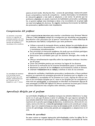 NIÑOS CON NECESIDADES EXCEPCIONALES




                                   asisten al nivel medio. Muchas de ellas —centros de aprendizaje, instrucción asisti
                                   da por computadora y tutoría de compañeros— estaban destinadas a los estudiantes
                                   de educación general y más tarde se adaptaron a este sector. Es preciso que los
                                   profesores adquieran un amplio repertorio de habilidades personales y profesiona
                                   les, si quieren aplicar estas estrategias y otras a las necesidades de un grupo cada
                                   vez más heterogéneo de alumnos. En seguida reseñamos brevemente las habilida
                                   des personales y profesionales más importantes.



Competencias del profesor

Los profesores competentes         ¿Qué competencias se necesitan para enseñar a estudiantes muy diversos? Mercer
necesitan un repertorio de         y Mercer (1989) revisaron trabajos de investigación que abordaban esta pregunta y
estrategias generales con el fin
                                   descubrieron ocho principios que al parecer caracterizan los estilos didácticos de
de incluir en él aula una gran
variedad de habilidades y
                                   los profesores más hábiles. Comprobaron que estos profesores:
necesidades de los estudiantes.
                                      ♦ Utilizan a menudo la instrucción directa, es decir, dirigen las actividades de sus
                                           alumnos, ofrecen demostraciones, estructuran las oportunidades de práctica
                                           y suministran retroalimentación.
                                      ♦ Dan prioridad a la instrucción académica, de modo que sus alumnos participen
                                           en las actividades académicas en la generalidad de las veces.
                                      ♦ Estructuran las actividades para que los alumnos obtengan altos niveles de
                                           éxito.
                                      ♦ Ofrecen retroalimentación específica sobre las respuestas correctas e incorrec
                                           tas del grupo.
                                      ♦ Crean una atmósfera positiva que reconoce los logros de los alumnos.
                                      ♦ Favorecen la motivación de los alumnos brindándoles apoyo y alentándolos.
                                      ♦ Mantienen la atención de los estudiantes reorientándolos cuando se distraen.
                                      ♦ Disfrutan verdaderamente su trabajo y celebran el éxito de sus alumnos.

Las actividades de enseñanza          Además de cualidades y habilidades personales y profesionales, el buen profesor
y de aprendizaje pueden            requiere un repertorio de estrategias generales de enseñanza que se adapten a va
clasificarse según que estén
                                   rias habilidades y necesidades de los alumnos en el aula. Algunas de ellas se cen
dirigidas fundamentalmente
por el profesor, por los
                                   tran en las actividades dirigidas por él, otras en las dirigidas por los compañeros y
compañeros o por el alumno.        otras más son autodirigidas. A continuación se describen sucintamente algunas de
                                   esas estrategias y al final del capítulo se ofrecen excelentes recursos para el lector
                                   que desee información más completa sobre métodos y estrategias.



Aprendizaje dirigido por el profesor

                                   Las actividades dirigidas por el profesor incluyen los métodos didácticos y la adap
                                   tación en el aula que él planea y pone en práctica. He aquí algunos ejemplos de
                                   esos métodos didácticos: instrucción recíproca, andamiaje, prueba-enseñanza-prueba-
                                   repetición de la prueba (aprendizaje de dominio), modelamiento, obtención de con
                                   ceptos, instrucción directa, centros de aprendizaje e instrucción asistida por compu
                                   tadora. Aquí nos concentraremos en cómo la diversidad puede atenderse mediante
                                   centros de aprendizaje, instrucción asistida por computadora y adaptaciones en el
                                   aula.


                                   Centros de aprendizaje

                                   En estos centros se imparte instrucción individualizada a todos los niños. En los
                                   centros tradicionales de aprendizaje se ofrecen materiales y actividades de varios
 