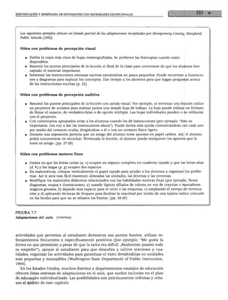 IDENTIFICACIÓN Y ENSEÑANZA DE ESTUDIANTES CON NECESIDADES EXCEPCIONALES




  Los siguientes ejemplos ofrecen un listado parcial de las adaptaciones recopiladas por Montgomery County, Maryland,
  Public Schools (1992).



  Niños con problemas de percepción visual


     ♦ Darles la copia más clara de hojas mimeografiadas. Se prefieren las fotocopias cuando están
          disponibles.
     ♦ Resumir los puntos principales de la lección al final de la clase para cerciorarse de que los alumnos han
          captado el material importante.
     ♦ Sintetizar las instrucciones extensas escritas anotándolas en pasos pequeños. Puede recurrirse a ilustracio
          nes y diagramas para explicar los conceptos. Dar tiempo a los alumnos para que hagan preguntas acerca
          de las instrucciones escritas (p. 22)



  Niños con problemas de percepción auditiva


     » Resumir los puntos principales de la lección con ayuda visual. Por ejemplo, al terminar una lección utilice
          un proyector de acetatos para realizar juntos una simple hoja de trabajo. La hoja puede utilizar un formato
          de llenar el espacio, de verdadero-falso o de opción múltiple. Las hojas individuales pueden o no utilizarse
          con el proyector.
      «   Con comentarios apropiados avise a los alumnos cuando les dé instrucciones (por ejemplo, "Esto es
          importante. Les voy a dar las instrucciones ahora"). Puede darles más ayuda comunicándose con cada uno
       por medio del contacto ocular, dirigiéndose a él o con un contacto físico ligero.
     ♦ Durante una exposición permita que un amigo del alumno tome apuntes en papel carbón. Así, el alumno
       podrá concentrarse en escuchar. Terminada la lección, el alumno puede enriquecer los apuntes que le
          tomó su amigo, (pp. 27-28)



   Niños con problemas motores finos


      «   Insista en que las letras cortas (a, c) ocupen un espacio completo en cuaderno rayado y que las letras altas
          (d, K) y las largas (p. g) ocupen dos espacios.
      ♦ En matemáticas, coloque verticalmente el papel rayado para ayudar a los alumnos a organizar los proble
        mas. Así le será más fácil mantener alineadas las unidades, las decenas y las centenas.
      ♦ Modifique los materiales didácticos relacionados con las habilidades motoras finas (por ejemplo, llenar
        diagramas, mapas e ilustraciones): a) usando lápices afilados de colores en vez de crayolas o marcadores
        mágicos gruesos, b) dejando más espacio para el color o las etiquetas, c) ampliando el tiempo de termina
        ción y d) aplicando técnicas de bloqueo para facilitar la exactitud por medio de una tarjeta-índice colocado
          en los bordes para que no se rebasen los límites, (pp. 29-30)




FIGURA 7.7
Adaptaciones del avia         (Continúa)




actividades que permitan al estudiante demostrar sus puntos fuertes; utilizar re
forzamientos frecuentes y específicamente positivos (por ejemplo: "Me gusta la
forma en que persististe a pesar de que la tarea era difícil. ¡Realmente pusiste todo
tu empeño!"); apoyar al estudiante para que descubra y cultive intereses y cua
lidades; organizar las actividades para garantizar el éxito dividéndolas en unidades
más pequeñas y manejables (Washington State Department of Public Instruction,
1994).
   En los Estados Unidos, muchos distritos y departamentos estatales de educación
ofrecen listas extensas de adaptaciones en el aula, que suelen incluirse en el plan
de educación individualizada. Las posibilidades son prácticamente infinitas y reba
san el ámbito de este capítulo.
 