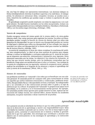 IDENTIFICACIÓN Y ENSEÑANZA DE ESTUDIANTES CON NECESIDADES EXCEPCIONALES




res, una hoja de trabajo con operaciones matemáticas). Los alumnos trabajan en
forma interdependiente mientras el profesor supervisa a los individuos. Al trabajar
juntos, los alumnos se comunican ideas, comparten recursos, se ayudan unos a
otros, resuelven los conflictos que puedan surgir y evalúan la aportación de cada
miembro.
  El aprendizaje cooperativo puede emplearse con todas las asignaturas y con cual
quier alumno. Ha dado buenos resultados con los niños excepcionales, incluso con
los que sufren discapacidades severas y múltiples (Salisbury, Palombaro y Hollowood,
1993) y con los sordos-ciegos (Downing y Eichinger, 1990).



TUtoría de compañeros

Pueden escogerse tutores del mismo grado (de la misma edad) o de otros grados
(distinta edad). Hay varias opciones para organizar las tutorías: los niños con disca
pacidades pueden cumplir la función de tutores de distinta edad con niños más
pequeños sin discapacidad; los que no tienen una discapacidad pueden ser tutores
de edad igual o distinta para niños con discapacidad. Se han utilizado tres tipos de
tutoriales con niños con discapacidad de la misma edad para enseñar las habilida
des de lectura (Harris y Aldridge, 1983).
   La tutoría de compañeros no tiene por objeto remplazar la enseñanza del profe
sor, sino complementarla. Lo ideal es que sean sesiones de práctica para repasar,
reforzar y evaluar las habilidades y conceptos explicados por él. Antes de las sesio
nes se requieren una selección, entrenamiento y planeación muy rigurosos. Otros
elementos esenciales son las metas, los objetivos y los criterios de evaluación. Al
inicio hay que invertir mucho tiempo, pero los profesores comprueban que los
beneficios a largo plazo son satisfactorios para el tutor y el alumno. "Las ventajas de
la tutoría de compañeros son las siguientes: estimula la aceptación social, permite
explicar las actividades en el lenguaje de los alumnos y mejora el aprendizaje del
tutor (a través de la enseñanza)" (Wood, 1993, p. 193).



Sistema de camaradas

Los profesores nombran un "camarada" a los niños que se benefician con una rela           El sistema de camaradas tiene
                                                                                          por objeto brindar ayuda a los
ción personal. El camarada puede ser cualquier niño, pero normalmente se utiliza
                                                                                          estudiantes que se benefician
con aquellos que sufren trastornos emocionales y conductuales, problemas senso
                                                                                          con una relación personal.
riales, discapacidades físicas o discapacidades severas y múltiples. Es indispensable
que a un camarada se le den instrucciones precisas sobre el grado y el tipo de
asistencia que va a ofrecer. El propósito del "camarada" es proporcionar apoyo en el
aprendizaje, en la conducta y en el funcionamiento escolar general. Por ejemplo,
los camaradas pueden tomar apuntes para ayudar durante la clase, explicar las ins
trucciones del trabajo escolar, leer material difícil, alentar durante los incidentes
estresantes, recuperar materiales o dictar reactivos de las pruebas.



                                                                             Aprendizaje autodirigido

En la presente sección se abordarán las formas en que los niños pueden participar
más en la dirección de su aprendizaje y asumir una responsabilidad mayor. Estas
actividades les enseñan a aprender por su cuenta. Con ello se busca lograr su par
ticipación activa, aumentar el conocimiento de sí mismos y facilitar la generali
zación de lo que han aprendido. Dos estrategias que contribuyen a alcanzar este
objetivo son el entrenamiento en las estrategias de aprendizaje y la instrucción
autodirigida.
 