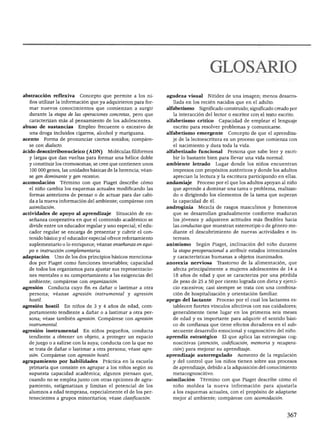 GLOSARIO

abstracción reflexiva      Concepto que permite a los ni       agudeza visual     Nitidez de una imagen; menos desarro
  ños utilizar la información que ya adquirieron para for        llada en los recién nacidos que en el adulto.
  mar nuevos conocimientos que comienzan a surgir              alfabetismo    Significado construido; significado creado por
  durante la etapa de las operaciones concretas, pero que        la interacción del lector o escritor con el texto escrito.
  caracterizan más al pensamiento de los adolescentes.         alfabetismo crítico      Capacidad de emplear el lenguaje
abuso de sustancias       Empleo frecuente o excesivo de         escrito para resolver problemas y comunicarse.
  una droga incluidos cigarros, alcohol y mariguana.           alfabetismo emergente        Concepto de que el aprendiza
acento      Forma de pronunciar ciertos sonidos; compáre         je de la lectoescritura es un proceso que comienza con
  se con dialecto.                                               el nacimiento y dura toda la vida.
ácido desoxirribonucleico (ADN)        Moléculas filiformes    alfabetizado funcional      Persona que sabe leer y escri
  y largas que dan vueltas para formar una hélice doble          bir lo bastante bien para llevar una vida normal.
  y constituir los cromosomas; se cree que contienen unos      ambiente letrado        Lugar donde los niños encuentran
  100 000 genes, las unidades básicas de la herencia; véan       impresos con propósitos auténticos y donde los adultos
  se gen dominante y gen recesivo.                               aprecian la lectura y la escritura participando en ellas.
acomodación       Término con que Piaget describe cómo         andamiaje     Proceso por el que los adultos apoyan al niño
  el niño cambia los esquemas actuales modificando las           que aprende a dominar una tarea o problema, realizan
  formas anteriores de pensar o de actuar para dar cabi          do o dirigiendo los elementos de la tarea que superan
  da a la nueva información del ambiente; compárese con          la capacidad de él.
  asimilación.                                                 androginia    Mezcla de rasgos masculinos y femeninos
actividades de apoyo al aprendizaje        Situación de en       que se desarrollan gradualmente conforme maduran
  señanza cooperativa en que el contenido académico se           los jóvenes y adquieren actitudes más flexibles hacia
  divide entre un educador regular y uno especial; el edu        las conductas que muestran estereotipo o de género me
  cador regular se encarga de presentar y cubrir el con          diante el descubrimiento de nuevas actividades e in
  tenido básico y el educador especial ofrece reforzamiento      tereses.

  suplementario o lo enriquece; véanse enseñanza en equi       animismo      Según Piaget, inclinación del niño durante
  po e instrucción complementaria.                               la etapa preoperacionál a atribuir estados intencionales
adaptación      Uno de los dos principios básicos menciona       y características humanas a objetos inanimados.
  dos por Piaget como funciones invariables; capacidad         anorexia nerviosa       Trastorno de la alimentación, que
  de todos los organismos para ajustar sus representacio         afecta principalmente a mujeres adolescentes de 14 a
  nes mentales o su comportamiento a las exigencias del           18 años de edad y que se caracteriza por una pérdida
  ambiente; compárese con organización.                          de peso de 25 a 50 por ciento lograda con dieta y ejerci
agresión      Conducta cuyo fin es dañar o lastimar a otra       cio excesivos; casi siempre se trata con una combina
  persona;     véanse   agresión   instrumental y agresión       ción de hospitalización y orientación familiar.
  hostil.                                                      apego del lactante      Proceso por el cual los lactantes es
agresión hostil      En niños de 3 y 4 años de edad, com         tablecen fuertes vínculos afectivos con sus cuidadores;
  portamiento tendiente a dañar o a lastimar a otra per          generalmente tiene lugar en los primeros seis meses
  sona; véase también agresión. Compárese con agresión           de edad y es importante para adquirir el sentido bási
  instrumental.                                                   co de confianza que tiene efectos duraderos en el sub
agresión instrumental       En niños pequeños, conducta           secuente desarrollo emocional y cognoscitivo del niño.
  tendiente a obtener un objeto, a proteger un espacio         aprendiz estratégico      El que aplica las estrategias cog
  de juego o a salirse con la suya; conducta con la que no       noscitivas {atención, codificación, memoria y recupera
  se trata de dañar o lastimar a otra persona; véase agre         ción) para mejorar su aprendizaje.
  sión. Compárese con agresión hostil.                         aprendizaje autorregulado        Aumento de la regulación
agrupamiento por habilidades          Práctica en la escuela     y del control que los niños tienen sobre sus procesos
  primaria que consiste en agrupar a los niños según su           de aprendizaje, debido a la adquisición del conocimiento
   supuesta capacidad académica; algunos piensan que,             metacognoscitivo.
   cuando no se emplea junto con otras opciones de agru        asimilación    Término con que Piaget describe cómo el
   pamiento, estigmatizan y limitan el potencial de los           niño moldea la nueva información para ajustaría
   alumnos a edad temprana, especialmente el de los per           a los esquemas actuales, con el propósito de adaptarse
   tenecientes a grupos minoritarios; véase clasificación.        mejor al ambiente; compárese con acomodación.
 