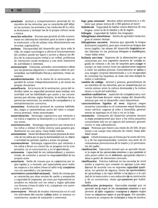 asimilado       Actitud y comportamiento personal de un            bajo peso neonatal        Muchos niños prematuros y a tér
   miembro de las minorías, que se caracteriza por adop               mino que pesan menos de 2 500 gramos al nacer.
   tar las normas, las actitudes y las conductas de la cultu       bidialectal     Capacidad de hablar varios dialectos de una
   ra dominante y rechazar las de la propia cultura racial            lengua, como la de la familia y de la región.
   o étnica.                                                       bilingüe      Capacidad de hablar dos lenguajes.
atención selectiva       Proceso que permite al niño concen        bilingüismo simultáneo         Hecho de aprender varias len
   trarse en información relevante para la tarea e ignorar            guas al mismo tiempo.
   la irrelevante, a fin de utilizar más eficientemente sus        bilingüismo sucesivo        Persona que aprende la lengua
   recursos cognoscitivos.                                            dominante (español), pero que conserva su lengua ma
autismo        Discapacidad del desarrollo que dura toda la           terna (inglés); las etapas del desarrollo lingüístico se
   vida, de origen neurológico y afecta al funcionamiento             rán distintas en las personas bilingües o multilingües;
   del cerebro; puede ser ligero o severo y abarca los dé             véase habla mixta.
   ficit de la comunicación verbal y no verbal, problemas          bulimia nerviosa       Trastorno de la alimentación que se
   de interacción social recíproca y una serie restrictiva            caracteriza por una ingestión excesiva de comida se
   de actividades e intereses.                                        guida de vómitos o de uso de laxantes para purgar el
autoconcepto        Creencias, actitudes, conocimiento e ideas        cuerpo; es más común entre los adolescentes mayores
   que las personas adquieren o construyen sobre su per               y entre los adultos jóvenes. Generalmente se asocia a
   sonalidad, sus habilidades físicas y mentales; véase au            una imagen corporal distorsionada y a la incapacidad
   toestima.                                                          de controlar los impulsos; se trata con una terapia fa
autodeterminación         En la teoría de la motivación, ca           miliar e individual.
   pacidad de actuar independientemente y de tomar las             cambio de código        Actitud y postura, generalmente de
   propias decisiones.                                                un miembro de las minorías, que se caracteriza por un
autoefícacia      En la teoría de la motivación, juicio del in        vaivén exitoso entre la cultura dominante y la cultura
   dividuo sobre su capacidad personal para realizar una              étnica o racial del individuo.
   actividad con las habilidades que posee y las circuns           cambios cualitativos       Aparición de competencias y con
   tancias que afronta; según Bandura, la moldean las ex              ductas discretas durante varias etapas del desarrollo;
   periencias anteriores, los modelos de compañeros y la              teóricos que ven el desarrollo como discontinuo.
   retroalimentación correctiva.                                   características      ligadas   al   sexo   Algunos   rasgos
autoestima       Evaluación personal de nuestras habilida             recesivos contenidos en el cromosoma sexual femenino
   des, rasgos y características; juicio del valor o compe            como calvicie, ceguera al color y hemofilia; general
  tencia personal; véase autoconcepto.                               mente se expresan en el hijo y no en la hija.
a u toe valuación     Estrategia cognoscitiva que estimula a       centración      Limitación del desarrollo presente durante
  los niños a registrar su desempeño y a compararlo con              la etapa preoperacional que hace a los niños pequeños
   sus metas.                                                         concentrarse sólo en un aspecto del estímulo, general
autoin8trucción        Estrategia cognoscitiva que estimula a        mente el más sobresaliente.
  los niños a utilizar el habla interna para guiarlos gra          ciegos     Personas que tienen una visión de 20/200, 20 por
   dualmente en una tarea; véase habla interna.                      ciento o un campo más reducido de visión; véase debi
automatismo        Factor del desarrollo en los procesos de aten     lidad visual.
   ción de los niños por el que la familiaridad con un objeto      cigoto     Célula humana que se forma por la unión del óvu
   o actividad les permite usarlos o actuar sin pensar.              lo y de los espermatozoides; contiene una serie de 23
automonitoreo        Estrategia cognoscitiva que estimula a          cromosomas provenientes de la madre y 23 provenien
  los niños a llevar un control de su progreso en la com             tes del padre.
  prensión, en el conocimiento y en el aprendizaje.                clasificación     Operación mental que se aprende duran
autonomía        Capacidad de ser independiente y automo-            te la etapa de las operaciones concretas y que permite al
  tivado; de controlar y asumir la responsabilidad de los            niño poner orden en el ambiente, agrupando objetos e
  propios actos.                                                     ideas a partir de elementos comunes.
autoritario      Estilo de crianza que se caracteriza por re       clasificación     Práctica habitual en las escuelas de nivel
  glas rígidas y, a menudo, por expectativas poco realis             medio y superior que consiste en agrupar a los estu
  tas respecto a los niños (véase la tabla 4.4); compárese           diantes de acuerdo con su supuesta capacidad acadé
  con con autoridad y con permisivo.                                 mica; en opinión de algunos, limita las oportunidades
autoritativo (autoridad racional)         Estilo de crianza que      de aprendizaje y de logro debido a los tipos y a la cali
  se caracteriza por altos niveles de cariño y aceptación            dad de la instrucción a una reducción de su motivación
  y capacidad de respuesta, así como por expectativas ra             y de su autoestima; véase agrupamiento por habili
  zonables en relación con los niños y reglas aplicadas              dades.
  con firmeza (véase la tabla 4.4); compárese con autori           clasificación jerárquica        Operación mental que se
  tario y permisivo.                                                 aprende en la etapa de las operaciones concretas y que
autorreporte       Método de recabar información en el cual          permite al niño organizar conceptos y objetos según
  los individuos del estudio hablan sobre sí mismos en               cómo se relacionan entre sí por bloques. Por ejemplo,
  cuestionarios, escalas de evaluación o entrevistas.                la materia se compone de moléculas y éstas de átomos,
 