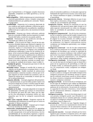 que el pensamiento y el lenguaje cumplen funciones              seña el contenido académico y el educador especial las
  separadas; compárese con habla egocéntrica y con ha             habilidades de supervivencia escolar, como tomar apun
  bla interna.                                                    tes. Véanse enseñanza en equipo y actividades de apoyo
habla telegráfica     Habla temprana que se caracteriza por       al aprendizaje.
  oraciones generalmente cortas y simples compuestas            instrucción directa       Estrategia didáctica en que el pro
  fundamentalmente por palabras de contenido: "Rober              fesor explica, demuestra y luego ofrece práctica super
  to juega patio".                                                visada de una actividad de aprendizaje.
heredibilidad      Proporción de la variancia observada de      integración inversa       Método de enseñanza en que los
  una conducta que puede atribuirse a diferencias gené            estudiantes del aula general pasan algún tiempo en el
  ticas entre los individuos de una población; estadística        salón especial, interactuando con niños con discapaci
  poblacional que se aplica sólo a las muestras de donde          dades en actividades de aprendizaje (véase participa
  se obtiene.                                                     ción parcial).
hipoacúsico      Personas que tienen suficiente audición        inteligencia componencial         Uno de los tres componen
  para oír y entender el habla; muchos requieren la ampli         tes de la conducta intelectual del modelo triárquico de la
  ficación del habla a través de una ayuda auditiva.              inteligencia de Sternberg; incluye habilidades como la
hipótesis      Formulación de una predicción derivada de          de asignar los recursos mentales, de codificar y guar
  una teoría que todavía no se prueba.                            dar información, de planear y supervisar, de identifi
identidad      1) En la teoría de Piaget, una de las tres ope     car problemas y de adquirir conocimientos nuevos;
  raciones mentales básicas que abarcan la negación y la          compárese con inteligencia experiencial y con inteligen
  compensación necesarias para efectuar tareas de con             cia contextúa!.
  servación; implica el conocimiento de la constancia           inteligencia contextual       Uno de los tres componentes
  cognoscitiva: las personas, los objetos y las cantidades        de la conducta intelectual en el modelo triárquico de la
  permanecen inalterados a pesar de los cambios de as             inteligencia de Sternberg, que incluye la capacidad de
  pecto. 2) En la teoría de Erikson, quinta etapa del desa        adaptarse a un entorno cambiante o de moldearlo para
  rrollo psicosocial en que los adolescentes se adhieren a        aprovechar las propias habilidades o destrezas; compá
  un conjunto de creencias, valores y papeles adultos al          rese con inteligencia componencial y con inteligencia
  formar el sentido básico del sí mismo. Si no logran ex          experiencial. Véase también inteligencia práctica.
  plorar otros roles y opciones, sentirán un estado inter       inteligencia cristalizada      En las teorías de la inteligen
  no similar de confusión de sí mismo; véase la tabla 6.1.        cia, uno de dos tipos de inteligencia que se desarrolla a
identidad de género       Percepciones que tiene el niño de       partir de las experiencias de aprendizaje; se mide por
  ser hombre o mujer.                                             la fluidez verbal, la información general, el vocabula
identidad étnica       Designa el sentido del sí mismo en         rio y la comprensión verbal; compárese con inteligen
  relación con la pertenencia a un grupo étnico o racial.         cia fluida.
identidad negativa       Posible resultado de adolescentes      inteligencia experiencial        Uno de los tres componen
  pertenecientes a minorías raciales o étnicas que no lo          tes de la conducta inteligente del modelo triárquico de la
  gran adquirir un fuerte sentido de sí mismos y que re           inteligencia propuesto por Sternberg; incluye la capaci
  chazan los valores de su comunidad, lo mismo que los            dad de enfrentar situaciones nuevas en forma adecua
  de la cultura dominante.                                        da, eficaz e intuitiva; compárese con inteligencia compo
imitación diferida      Concepto piagetiano del pensamien         nencial e inteligencia contextual.
  to representacional, en que los niños pueden repetir una      inteligencia fluida      En las teorías de la inteligencia, uno
  secuencia simple de acciones o sonidos luego de obser           de dos tipos de inteligencia que refleja las habilidades
  var la secuencia; forma temprana del pensamiento                cognoscitivas innatas; se mide por la rapidez del proce
  representacional.                                               samiento de la información, los procesos de memoria,
inclusión en la clase      Concepto adquirido en la etapa de      la capacidad de descubrir relaciones y otras habilida
  las operaciones concretas que incluye el conocimiento           des del pensamiento abstracto; compárese con inteli
  de jerarquías por parte del niño; saber que los obje            gencia cristalizada.
  tos de una subcategoría (tulipanes) deben ser más             inteligencia práctica      Teoría de Sternberg según la cual
  pequeños que los de la categoría supraordenada                  una persona inteligente puede usar eficazmente sus
   (flores).                                                      habilidades dentro de un contexto particular; consiste
inglés como segundo idioma            Programa especial de        en aplicar la inteligencia contextual a los poblemas de la
  aprendizaje para hablantes no nativos que se centra en          vida diaria; véase la figura 4.8.
  aprender el idioma extranjero.                                internalización     Término con que Vygotsky designa el
inglés estadounidense oficial        Lenguaje que se impar        proceso de construir una representación mental de las
  te en las escuelas de los Estados Unidos.                       acciones físicas externas o de las operaciones cognos
instrucción complementaria          Situación de aprendiza        citivas que ocurren primero a través de la interacción
  je cooperativo cuyo fin es atender las necesidades de           social.
  un niño excepcional, en la cual las funciones y las res       intervalo de reacción       Concepto utilizado por los inves
  ponsabilidades de los educadores regulares y especia            tigadores para entender la respuesta única y de origen
  les están definidas claramente: el educador regular en          genético del individuo frente a las influencias ambien-
 