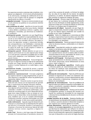 los esquemas mentales a sistemas más complejos; com            cual el feto aumenta de tamaño; se forman los párpa
    párese con adaptación. 2) En la teoría del procesamien        dos, las uñas de los dedos de las manos, las papilas
   to de información, estrategia de codificación de la me         gustativas y el cabello. El sistema respiratorio madura
    moria en que el sujeto trata de agrupar en categorías         para permitir la respiración después del parto.
    significativas los objetos a recordar.                     periodo germinal Primera etapa del desarrollo prena
ortografía inventada Formas no convencionales en que             tal que abarca las 2 primeras semanas del desarrollo
   el niño deletrea las palabras en sus primeros intentos         fetal. El óvulo fertilizado se divide rápidamente, se des
   de escribir.                                                   plaza hacia abajo por la trompa de Falopio en dirección
otros problemas de salud     Aquellos en los que los indi         del útero y se prepara para la implantación.
   viduos se caracterizan por tener poca fuerza, vitalidad     permanencia del objeto          Expresión con que Piaget de
   o alerta debido a problemas crónicos o agudos, como            signa la comprensión, durante la etapa sensorio-motora,
   cardiopatía y hemofilia, que deterioran su rendimien           de que los objetos siguen existiendo aun cuando no
   to académico.                                                  puedan ya ser vistos ni utilizados.
participación guiada      Expresión con que Rogoff desig       permisivo Estilo de crianza que se caracteriza por falta
   na el hecho de transferir la responsabilidad de una ta         de reglas y expectativas hacia los niños y por una disci
   rea de un socio hábil al niño en una transacción entre         plina poco uniforme (véase la tabla 4.4); compárese con
   los dos durante una actividad colectiva. Sus pasos in          con autoridad y con autoritario.
   cluyen los siguientes: escoger y estructurar activida       perspectiva interactiva     Teoría que apoya la interacción
   des correspondientes a las habilidades e intereses del         entre los factores innatos y ambientales en el desarro
   niño; apoyar y vigilar su participación; adaptar el nivel      llo del niño.
   de apoyo de modo que el niño empiece a realizar la          plasticidad Capacidad del cerebro de cambiar, especial
   actividad en forma independiente.                              mente en los primeros años del desarrollo.
participación parcial     Método didáctico en que un es        popularidad entre compañeros             Persona cuya presen
   tudiante proveniente de un aula especial pasa tiempo           cia u opinión buscan otros de la misma edad; los deter
   en el aula general, realizando actividades que se modi         minantes básicos son las capacidades de iniciar y sos
   ficaron para adaptarlas a sus habilidades; véase inte          tener interacciones positivas con otros.
   gración inversa.                                            pragmática del lenguaje         Estrategias para utilizar el len
pensamiento hipotético-deductivo Forma de lógica for              guaje apropiadamente en diversos contextos, como to
  mal que se adquiere durante la etapa de las operaciones         mar turnos, interrumpir, iniciar debidamente un tema
  formales que Piaget identificó como la capacidad de             nuevo; véase la figura 5.1.
  producir y probar hipótesis de un modo lógico y siste        problemas de aprendizaje específicos Amplia gama
   mático.                                                       y diversos grados de características que muestran
pensamiento letrado       Capacidad de pensar y razonar          los niños; los clasifican como excepcionales y exigen
   como una persona letrada dentro de una sociedad; véa          adaptaciones especiales a las situaciones de aprendi
   se alfabetismo.                                                zaje.
pensamiento representacional Concepto piagetiano               problemas de externalización Tipos de problemas que
  que aparece durante la etapa preoperacional, en que el         presenta la mayoría de los niños con trastornos emo
  niño adquiere la capacidad de utilizar las palabras para       cionales y conductuales: acciones argumentativas, agre
   representar objetos reales.                                    sivas, antisociales y destructivas; compárese con pro
pérdida curricular Situación escolar en que las necesi            blemas de internalizarían.
   dades del niño chocan con las expectativas de aprendi       problemas de internalización      Tipos de problemas de
   zaje y conductuales del sistema educativo relativas.           algunos niños que padecen trastornos conductuales: de
periodo crítico 1) Periodos del desarrollo en que se for         presión, retraimiento, ansiedad y obsesión; compárese
   man algunas estructuras básicas o en que el niño es más       con problemas de externalización.
  vulnerable o sensible a los factores ambientales. 2) Hi      procedimiento de habituación           Técnica con la cual los
  pótesis de Lenneberg según la cual el desarrollo del len       investigadores estudian la memoria del lactante eva
   guaje tiene origen biológico y hay un tiempo en la in         luando los cambios de intensidad de sus respuestas
   fancia en que se desarrollan ciertas facultades neuroló-      a diversas formas de estimulación durante un determi
   gicas. Establece que, si no se cumplen determinadas           nado periodo.
   condiciones internas o externas relacionadas con el de      proceso coercitivo de la familia        Dinámica familiar que
   sarrollo del lenguaje, el niño nunca podrá aprenderlo.        se caracteriza por una disciplina de los padres incongruen
periodo embrionario Segunda etapa del desarrollo pre             te, ineficaz o punitiva durante el desarrollo temprano y
   natal que se caracteriza por la implantación del cigoto y     que ocasiona una conducta agresiva en el niño.
  que dura de 2 a 8 semanas, durante el cual aparecen y        proceso discontinuo        Aparición de impulsos, de nece
  empiezan a funcionar las estructuras básicas del niño          sidades y de procesos cognoscitivos en una serie de eta
   (sistema nervioso central, esqueleto y órganos in             pas discretas de maduración que influyen en cómo se
  ternos).                                                       relaciona el niño con el ambiente; las teorías psicoana-
periodo fetal Tercera y más larga etapa del desarrollo           líticas y las del desarrollo cognoscitivo (piagetiano) afir
  prenatal, de 8 semanas hasta el nacimiento, durante el         man que el desarrollo es una serie de etapas discretas.
 