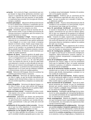 seriación     En la teoría de Piaget, conocimiento que sur       se conducta sexual estereotipada. Sinónimo de socializa
   ge durante la etapa de las operaciones concretas y que        ción en los papeles sexuales.
   supone la capacidad de ordenar los objetos en progre       sordera-ceguera        Problema que se caracteriza por los
   sión lógica, digamos del más pequeño al más grande;           efectos debilitantes especiales del oído y de la vista.
   es importante para entender los conceptos de número,       sordos    Los que no pueden oír o entender el habla; véa
   tiempo y medición.                                            se deficiencia auditiva.
sí mismo psicológico     Adquisición del desarrollo durante   suicidios en serie      Número extraordinariamente alto de
   la cual el adolescente comienza a comprender que tie          suicidios en una localidad o en cierto periodo; los jóve
   ne un sí mismo interno: pensamientos y sentimientos           nes presentan más riesgo que los ancianos.
   ocultos a menos que los comparta con otros.                tarea de aprendizaje incidental            Actividad con que
sinapsis     Diminutos espacios entre las neuronas del sis       se estudia el desarrollo de la atención selectiva; por lo
   tema nervioso central, en que las fibras provenientes de      regular, presentación de una serie de objetos aparea
   diversas neuronas se aproximan, pero sin tocarse y los        dos en que una categoría de las parejas es el estímulo
   neurotransmisores se cruzan.                                  central del aprendizaje y el otro el estímulo incidental.
síndrome de cromosoma X frágil          Trastorno genético    teoría   Conjunto de reglas, suposiciones, proposiciones
   más común en el hombre que en la mujer, debido a la           y principios generales con que se explican los hechos;
   presencia de un cromosoma X que aparece pellizcado            una teoría del desarrollo que ofrece un marco de refe
   o muy delgado en un área y que tiende a romperse              rencia para observar, interpretar y explicar los cambios
   durante la división celular. Puede causar retraso men         del niño con el tiempo.
   tal en las mujeres; producirá varios tipos de retraso      teoría de atribución       Teoría cognoscitiva de la motiva
   mental en los varones y se acompaña de deficiencias           ción que analiza cómo el individuo interpreta sus éxi
   físicas (paladar hendido, problemas oculares) y menta         tos y sus fracasos en situaciones de logro.
   les (hiperactividad). El trastorno puede detectarse por    teoría de inteligencias múltiples          Propuesta de Gard-
   medio de análisis genéticos.                                  ner según la cual hay por lo menos siete inteligencias:
síndrome de Down       Trastorno genético de grado varia         lingüística, lógico-matemática, musical, espacial, ci-
  ble que se debe a la presencia de un cromosa 21 adicio         nestésica corporal, interpersonal e intrapersonal; véa
   nal o a un fragmento de uno, causa varias deficiencias        se la tabla 4.1.
   físicas y mentales y ocurre en 1 de cada 800 partos        teoría de la habilidad estable        Teoría de la inteligencia
   vivos. Las mujeres de más de 35 años de edad están            propuesta por Dweck, según la cual los estudiantes
   más expuestas a concebir un niño afectado de este pro         creen que su habilidad es fija y no puede mejorarse
  blema, por un contacto más prolongado con las sustan           mediante la práctica o el esfuerzo; compárese con teo
   cias ambientales. La presencia de esta anomalía puede         ría incrementa! de la habilidad.
  diagnosticarse en el cuarto mes de embarazo mediante        teoría de la motivación basada en metas            Teoría cog
  la amniocentesis, técnica de análisis genético.                noscitiva que se centra en las razones personales del
sintaxis Estructura del lenguaje; forma de combinar las          alumno para decidir, desempeñarse y persistir en va
   palabras para formar frases y oraciones.                     rios niveles de rendimiento.
sistema alfabético Estructura de algunas lenguas, en          teoría del valor de las expectativas     Modelo cognosci
   tre ellas el inglés, en que las formas individuales del      tivo de la motivación según el cual el individuo tiende
  lenguaje escrito forman letras y éstas a su vez se enla       a realizar actividades de aprendizaje y a persistir en
  zan con sonidos específicos; compárese con sistema ideo       ellas cuando espera y quiere el éxito.
  gráfico.                                                    teoría incremental de la habilidad         Teoría de la inteli
sistema ideográfico Estructura de algunas lenguas, en           gencia propuesta por Dweck, en que los estudiantes
   tre ellas el chino, en que cada carácter del lenguaje        piensan que pueden mejorar su habilidad poniendo
  escrito representa el significado de una palabra indivi       mayor empeño o probando otras estrategias; compáre
  dual; compárese con sistema alfabético.                       se con teoría de la habilidad estable.
sistema nervioso central     Comprende el cerebro, la mé      teoría intuitiva      Explicación que da Piaget de los inten
  dula espinal y los nervios; controla todos los aspectos       tos de los niños pequeños por interpretar los fenóme
  de la actividad humana.                                       nos naturales sirviéndose de sus experiencias persona
sobredotados Individuos que tienen una puntuación               les; se caracteriza por animismo.
  mínima de 130 de cociente intelectual y que logran          teoría neopiagetiana        Modelos de desarrollo cognosci
  un aprovechamiento académico por encima del pro               tivo que incorporan mayor especificidad a los cambios
  medio, generalmente 2 años por arriba del nivel del           en el desarrollo, sin renunciar a las suposiciones bási
  grado.                                                        cas de la teoría de Piaget.
socialización de los papeles (roles) sexuales      Proceso    teorías de procesamiento de la información          Estrategia
  por el que los niños adquieren el conocimiento, las           que permite estudiar el desarrollo cognoscitivo del niño;
  habilidades y los rasgos apropiados a su sexo.                se centra en el flujo de información a través del siste
socialización en los papeles del género       Proceso por       ma cognoscitivo: se comienza con los estímulos prove
  el que los niños aprenden las actitudes y la conducta         nientes de los sentidos, se pasa luego al almacenamiento
  que la sociedad considera apropiada para su sexo; véa         en la memoria a corto y a largos plazos y, finalmente se
 