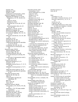 ÍNDICE ANALÍTICO




  prenatal, 50-61                             Desarrollo prenatal, 50-61                   Distrofia muscular, 54
  pubertad en, 76-80                            cromosomas y, 51-55                        Dolor, 68, 69
  suicidio y, 87-89                             efectos ambientales en el, 58-60
  trastornos de la alimentación y, 80-83        etapas del, 56-58
Desarrollo lingüístico, 68, 202-256             fenotipo en, 55, 56                        Edad:
  adquisición del lenguaje en, 213-227          genes y, 51-53                               cronológica (ca), 162
    bilingüismo y, 64, 181, 224-226, 254-       genotipo en el, 55, 56                       de la madre, y síndrome de Down, 54, 55
      256                                       lactantes de alto riesgo, 60, 61             desarrollo cognoscitivo y, 34, 35, 161,
    etapas de, 218-224                        Desertores escolares, 10                             162
    métodos de, 213-217                       Desfase horizontal, 115                        mental (ma), 162
    promoción de, 67, 68, 226, 227, 247-      Desvalidez aprendida, 288, 289                 y agresión, 300, 301
      249                                     Desviación estándar, 166                       {véase también Adolescencia; Niñez; Infan
    teoría del periodo crítico, 64, 217,      Determinismo recíproco, 23                           cia; Niños que empiezan a caminar)
      218, 225, 226                           Diabetes, 54                                 Edad cronológica (ca), 162
  alfabetismo y, 202-204, 227-249             Dialectos, 249-252                           Edad mental (ma), 162
  definición de lenguaje, 202                 Dialectos sociales, 181                      Educación:
  en la teoría de Piaget, 132, 209-211        Diarios de diálogos, 256                       bilingüe, 254-256
  en la teoría de Vygotsky, 130, 133, 134,    Diarios literarios, 256                        de niños con necesidades excepciona
      211, 212                                Diferenciación celular, 57, 58                       les, 326-330
  influencias culturales de, 130, 181, 249-   Diferencias étnicas:                           multicultural, 189, 190, 252, 253
      256                                       en el crecimiento físico, 75                 reformas en la, 101, 126, 127
  método de, 213-217                            en la sexualidad del adolescente, 84, 85     teorías del procesamiento de informa
  principios del, 204, 205                      identidad étnica y, 281-285                        ción en la, 159, 160
  teorías de, 207-213, 217, 218                 puntuaciones del cociente intelectual y,     y teoría del desarrollo cognoscitivo de
  y deficiencias específicas de aprendiza            179-183                                       Piaget, 124-127
      je, 65, 66, 331-333                       y trastornos de la alimentación, 82, 83      y teoría del desarrollo cognoscitivo de
  y enseñanza, 205, 206, 252, 256               y uso y abuso de sustancias, 83, 84                Vygotsky, 132-138
  y trastornos de la comunicación, 335,       Diferencias individuales:                      y teoría del desarrollo personal de
      336                                       en el desarrollo cognoscitivo, 161-190             Erikson, 268-276
Desarrollo moral, 306-310                       en la motivación de logro, 290, 295          {véanse también Escuelas e instrucción;
  teoría de Kohlberg, 306-310                   {véase también Diferencias étnicas;                Profesores y docencia)
  teoría de Piaget, 306, 310                         Diferencias sexuales)                 Educación multicultural, 189, 190, 252,
  y conducta prosocial, 299, 300              Diferencias sexuales (de género):                    253
  y ética del interés por los demás, 309,       en el desarrollo cognoscitivo, 65, 66,     Education Department, U.S., 181, 247,
      310                                            183-190                                       255, 327, 329
  y nexos entre el razonamiento moral y         en el desarrollo motor, 73, 74             Efecto de déficit acumulativo, 179
      la conducta, 308                          en el tamaño físico, 75, 76                Egocentrismo, 110
Desarrollo motor, 69-75                         en la autopercepción, 278, 279             El lenguaje y él pensamiento del niño
  diferencias sexuales en, 73, 74               en la depresión, 87                                (Piaget), 209
  escuelas y, 74, 75                            en la pubertad, 75-80                      Embarazo:
  habilidades motoras finas en, 71, 72, 73,     en los efectos de madurez temprana y         de adolescentes, 84-86, 303
      333, 352                                       tardía, 78-80                           pruebas prenatales en, 56
  habilidades motoras gruesas en, 70, 71,       puntuaciones del cociente intelectual y,     y desarrollo prenatal, 50-61
      73                                             183-187                               Emilio (Rousseau), 18
  reflejos del recién nacido en, 69, 70         y enfermedades genéticas, 54, 55           Empatia, 300
  y deficiencias específicas de aprendiza     Dilema de Heinz, 307, 308                    Enfermedad de Huntington, 53, 54
      je, 333                                 Discapacidad auditiva, 325, 336, 353         Enfermedad de Tay-Sachs, 54
Desarrollo perceptual, 66-69                  Discapacidades físicas, 346 {véase también   Enfermedades de origen sexual, 59, 60,
  audición, 68, 325, 346, 353                        Niños con necesidades excepciona              81, 85, 86
  olfato, 68                                         les)                                  Enfoque constructivista del aprendizaje,
  e incapacidades específicas de              Discapacidades severas y múltiples, 345,             101 {Véanse también Teoría del
      aprendizaje, 333                               346                                           desarrollo cognoscitivo de Piaget;
  gusto, 68                                   Discapacidades {véase Niños con                      teoría del desarrollo cognoscitivo
  tacto y dolor, 68                                  necesidades excepcionales)                    de Vygotsky)
  visión, 66, 67                              Diseños de investigación, 27-33              Enseñanza en equipos, 327
Desarrollo personal, 268-285                    definición de, 27                          Enseñanza recíproca, 135-137
  autoconcepto y, 271, 272-27'4, 278, 282,      estudios correlaciónales, 28, 29, 30       Entrenamiento en estrategias de
      283                                       estudios de casos, 27-29, 39                       aprendizaje, 355, 356
  autoestima y, 274, 275 {véase también         estudios experimentales, 28, 32, 33        Entrevistas, 35, 38, 102
      Autoestima)                               estudios longitudinales, 28, 30-32         Equilibración, en la teoría de Piaget, 104,
  identidad étnica y, 281-285                   estudios secuenciales transversales, 28,           136, 138
  motivación del logro y, 285-295                    32                                    Escala de Desarrollo Infantil de Bayley,
  papeles sexuales y, 276-281                   estudios transversales, 28, 31, 32                 163
  teoría de Erikson, 20, 268-271              Dislexia, 333                                Escala de habilidades mentales de Otis
  teoría de Freud, 20, 268, 269               Distribución normal, 166, 167                        Lennon, 163
 
