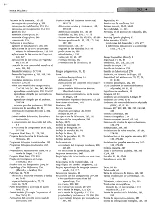 ÍNDICE ANALÍTICO




  Procesos de la memoria, 152-155               Puntuaciones del cociente intelectual,          Repetición, 40
    estrategias de aprendizaje y, 356                     162-178                               Resolución de conflictos, 303
    estrategias de codificación, 153, 154         diferencias raciales y étnicas en, 168,       Retraso mental, 53-55, 58-60
    estrategias de recuperación, 154, 155                179-183                                Reversibilidad, 111, 113
   guión en, 153                                  diferencias sexuales en, 183-187              Revisión, en el proceso de redacción, 240,
   memoria a corto plazo, 147                     estabilidad de, 169, 170, 171-173                   241
   memoria a largo plazo, 148                     factores ambientales de, 171-178, 187-189     Reviving Ophelia (Pipher), 87
   resumen de, 155                                factores genéticos de, 20, 170, 171, 186,     Roles sexuales, 276-281
 Profesores y enseñanza:                                 187, 188
                                                                                                  tendencias del desarrollo y, 276, 277
   agresión de estudiantes y, 305, 306            interpretación, 166, 167                        y diferencias sexuales en la autopercep-
   aplicaciones de la teoría de procesa           orígenes de las medidas, 162-166                    ción, 278, 279
        miento de información en, 159, 160        predicciones de, 169
   aplicaciones de las teorías de Piaget en,      sobredotados y, 336
        126, 127                                  validez de, 39, 40, 167                      Savage InequaUties (Kozol), 9
   aplicaciones de las teorías de Vygotsky        y retraso mental, 342                        Seguridad, 74, 75, 84
        en, 135-138                               y terminación de la escuela, 10              Semántica, 207, 216, 221, 335
   creación de una comunidad moral en el
                                                                                               Sentido de culpa, 270
        aula, 309, 310
                                                                                               Sentido de iniciativa, 270
   desarrollo letrado y, 247-249                Rasgos poligenéticos, 51, 52                   Sentido de laboriosidad, 270
   desarrollo lingüístico y, 205, 206, 250-     Raza:
                                                                                               Seriación, en la teoría de Piaget, 112
        253, 256                                  cambios demográficos, 14                     Sexualidad, del adolescente, 76, 77, 79,
   enseñanza recíproca, 135-138                   definición de, 179                                  81, 84-86
   lectura y, 236-238                             puntuaciones del cociente intelectual y,     Sí mismo psicológico, 272, 273
   niños con necesidades excepcionales,                  179-183                               SIDA (síndrome de inmunodeficiencia
       334-338, 340, 341, 344, 345, 347-360       (véase también Diferencias étnicas;                adquirida), 60, 81, 85
     aprendizaje autodirigido, 159, 355-357              Identidad étnica)                     Significancia estadística, 29
     aprendizaje dirigido por compañeros,      Razonamiento combinatorio, en la teoría         Sinapsis, 62, 63
       354, 355                                      de Piaget, 118                            Síndrome de cromosoma X frágil, 55
     aprendizaje dirigido por el profesor,     Razonamiento hipotético-deductivo, 117,118      Síndrome de Down, 53-55
       350-354                                 Reacciones circulares, 105                      Síndrome de inmunodeficiencia adquirida
    recursos para los profesores, 357-360      Realismo, 109                                          (SIDA), 60, 81, 85
  prevención de suicidios, 88, 89              Recién nacidos:                                 Sintaxis, 207, 209, 216, 221, 225, 241-243,
  síntomas del maltrato del niño y, 302,         desarrollo perceptual de, 66-69                     335
       303                                       reflejos de, 69, 70                           Sistema camaradas, 355
  (véase también Educación; Escuelas e         Recuperación de la lectura, 250, 251            Sistema ideográfico, 229
       instrucción)                            Rechazo de los compañeros, 298                  Sistema nervioso central, 62, 346
  y conocimiento del desarrollo del niño,      Reflejo, 69-71
                                                                                               Sistemas de niveles de aprovechamiento,
       5-7                                     Reflejo de Babinski, 70                               182, 274
  y relaciones de compañeros en el aula,       Reflejo de búsqueda, 70                        Sobredotados, 336, 337
       297-299                                 Reflejo de marcha, 69, 70                      Socialización de roles sexuales, 187-189,
  rograma Head Start, 11, 176, 293             Reflejo de Moro, 70                                   279-281
i rogama Kamehameha de Enseñanza               Reflejo de parpadeo, 69, 70                    Socialización en los papeles sexuales, 187-
       Tempana, 253                            Reflejo palmar, 70                                    189, 279-281
Programas bilingües transicionales, 255        Reforzamiento                                  Socialización, papeles sexuales en, 187-
Programas bilingües-biculturales, 255,           aprendizaje del lenguaje mediante, 208,             189, 279-281
       256                                              214-216                               Sordera-ceguera, 347
 /oporciones, razonamiento sobre, en la          en situaciones de aprendizaje, 286           Sordo o deficiencia auditiva, 346, 353
      teoría de Piaget, 119, 120               Registros sensoriales, 147                     SQ3R, 356
Proyecto Head Start, 176, 293                  Regla lógica de la inclusión en una clase,     Suicidio, 81, 86, 87-89
Prueba de Inteligencia de Lorge-                        114                                   Suicidios en serie, 88
      Thorndike, 163                           Regla lógica de la transitividad, 112
Pruebas con alfa fetoproteína (afp), 56        Regla lógica del cambio progresivo, 112
Psychology of Sex Differences, The             Reglas, aprendizaje de lenguaje constru        Tacto, 68, 69
      (Maccoby y Jacklin), 184                          yendo, 216, 217                       Tklidomida, 60
Pubertad, 12, 76-80                            Relaciones causales, 29                        Tarea de retención de dígitos, 148, 149
  efecto de la madurez temprana y tardía       Relaciones con los compañeros, 297-299         Tareas incidentales de aprendizaje, 151,
      en, 78-80
                                                 e incapacidades específicas del                     152
  impacto fisiológico de la, 77, 78                     aprendizaje, 334                      Televisión, violencia en la, 304, 305
  inicio de, 76-78                              en el aula, 298, 299                          Tendencias demográficas:
Punto final frente a ausencia de punto          en el desarrollo social, 297-299                impacto de, en las escuelas, 14-16
      final, 17, 26                             en la teoría de Piaget, 125, 126                resumen de, 13, 14
"untos iniciales (Carnegie Corporation of       en la teoría de Vygotsky, 137, 138            Teoría de entidad de la habilidad, 291,
      New York), 13                             popularidad y rechazo en, 76, 298, 299              292
 intuación del cociente intelectual de          y aprendizaje dirigido por compañeros,        Teoría de expectativas-valores, 287
     desviación, 166                                 354, 355
                                                                                              Teoría de inteligencias múltiples, 165, 166
 