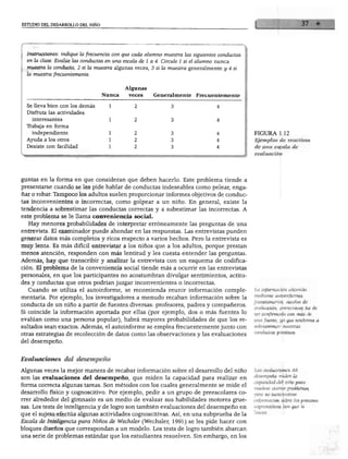 DEL DESARROLLO DEL NIÑO




   Instrucciones: indique la frecuencia con que cada alumno muestra las siguientes conductas
   en la clase. Evalúe las conductas en una escala de la 4. Circule 1 si el alumno nunca
   muestra la conducta, 2 si la muestra algunas veces, 3 si la muestra generalmente y 4 si
   la muestra frecuentemente.

                                           Algunas
                                   Nunca     veces     Generalmente Frecuentemente
   Se lleva bien con los demás
   Disfruta las actividades
     interesantes
   Trabaja en forma
     independiente
                                                                                                FIGURA 1.12
   Ayuda a los otros
                                                                                                Ejemplos de reactivos
   Desiste con facilidad
                                                                                                de una escala de
                                                                                                evaluación




guntas en la forma en que consideran que deben hacerlo. Este problema tiende a
presentarse cuando se les pide hablar de conductas indeseables como pelear, enga
ñar o robar. Tampoco los adultos suelen proporcionar informes objetivos de conduc
tas inconvenientes o incorrectas, como golpear a un niño. En general, existe la
tendencia a sobrestimar las conductas correctas y a subestimar las incorrectas. A
este problema se le llama conveniencia social.
   Hay menores probabilidades de interpretar erróneamente las preguntas de una
entrevista. El examinador puede ahondar en las respuestas. Las entrevistas pueden
generar datos más completos y ricos respecto a varios hechos. Pero la entrevista es
muy lenta. Es más difícil entrevistar a los niños que a los adultos, porque prestan
menos atención, responden con más lentitud y les cuesta entender las preguntas.
Además, hay que transcribir y analizar la entrevista con un esquema de codifica
ción. El problema de la conveniencia social tiende más a ocurrir en las entrevistas
personales, en que los participantes no acostumbran divulgar sentimientos, actitu
des y conductas que otros podrían juzgar inconvenientes o incorrectas.
   Cuando se utiliza el autoinforme, se recomienda reunir información comple                   La información obtenida
mentaria. Por ejemplo, los investigadores a menudo recaban información sobre la                mediante autoinformes
conducta de un niño a partir de fuentes diversas: profesores, padres y compañeros.             (cuestionarios, escalas de
                                                                                               evaluación, entrevistas) ha de
Si coincide la información aportada por ellas (por ejemplo, dos o más fuentes lo
                                                                                               ser confirmada con más de
evalúan como una persona popular), habrá mayores probabilidades de que los re                  una fuente, ya que tendemos a
sultados sean exactos. Además, el autoinforme se emplea frecuentemente junto con               sobreestimar nuestras
Dtras estrategias de recolección de datos como las observaciones y las evaluaciones            conductas positivas.
del desempeño.


  valuaciones del desempeño

Algunas veces la mejor manera de recabar información sobre el desarrollo del niño              Las evaluaciones del
son las evaluaciones del desempeño, que miden la capacidad para realizar en                    desempeño miden la
forma correcta algunas tareas. Son métodos con los cuales generalmente se mide el              capacidad del niño para
                                                                                               resolver ciertos problemas,
desarrollo físico y cognoscitivo. Por ejemplo, pedir a un grupo de preescolares co
                                                                                               pero no suministran
rrer alrededor del gimnasio es un medio de evaluar sus habilidades motores grue                información sobre los procesos
sas. Los tests de inteligencia y de logro son también evaluaciones del desempeño en            cognoscitivos con que lo
}ue el sujeto efectúa algunas actividades cognoscitivas. Así, en una subprueba de la           hacen.

Escala de Inteligencia para Niños de Wechsler (Wechsler, 1991) se les pide hacer con
Dloques diseños que correspondan a un modelo. Los tests de logro también abarcan
ana serie de problemas estándar que los estudiantes resuelven. Sin embargo, en los
 