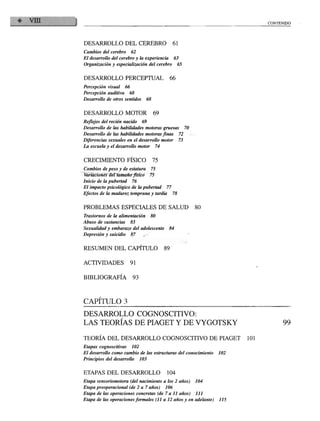 CONTENIDO




DESARROLLO DEL CEREBRO                                61
Cambios del cerebro        62
El desarrollo del cerebro y la experiencia            63
Organización y especializado» del cerebro               65


DESARROLLO PERCEPTUAL                             66
Percepción visual     66
Percepción auditiva     68
Desarrollo de otros sentidos       68


DESARROLLO MOTOR                        69
Reflejos del recién nacido       69
Desarrollo de las habilidades motoras gruesas                   70
Desarrollo de ¡as habilidades motoras finas                72
Diferencias sexuales en el desarrollo motor                73
La escuela y el desarrollo motor            74


CRECIMIENTO FÍSICO                      75
Cambios de peso y de estatura          75
Variaciones del tamaño físico          75
Inicio de la pubertad      76
El impacto psicológico de la pubertad            77
Efectos de la madurez temprana y tardía               78


PROBLEMAS ESPECIALES DE SALUD                                        80
Trastornos de la alimentación          80
Abuso de sustancias        83
Sexualidad y embarazo del adolescente             84
Depresión y suicidio       87     „/


RESUMEN DEL CAPÍTULO                             89

ACTIVIDADES                91


BIBLIOGRAFÍA                93



CAPITULO 3

DESARROLLO COGNOSCITIVO:
LAS TEORÍAS DE PIAGET Y DE VYGOTSKY

TEORÍA DEL DESARROLLO COGNOSCITIVO DE PIAGET                                     101
Etapas cognoscitivas       102
El desarrollo como cambio de las estructuras del conocimiento              102
Principios del desarrollo        103


ETAPAS DEL DESARROLLO                             104
Etapa sensoriomotora (del nacimiento a los 2 años)                   104
Etapa preoperacional (de 2 a 7 años)             106
Etapa de las operaciones concretas (de 7 a 11 años)                  111
Etapa de las operaciones formales (11 a 12 años y en adelante)             115
 