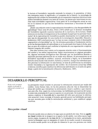 DESARROLLO FÍSICO




                              la lectura el hemisferio izquierdo entiende la sintaxis y la gramática; el dere
                              cho interpreta mejor el significado y el propósito de la historia. La tecnología de
                              exploración del cerebro ha demostrado que se transmiten impulsos eléctricos entre
                              ambos hemisferios durante una tarea de lectura. Se piensa que intervienen en mu
                              chas otras actividades cognoscitivas. Gran parte de la investigación actual se cen
                              tra en la manera en que los dos hemisferios interactúan y funcionan de modo
                              conjunto.
                                ¿Existe una relación entre la especialización hemisférica y las discapacidades de
                              aprendizaje? Hace unos 60 años, Orton (1937) señaló que el dominio incompleto
                              del hemisferio izquierdo ocasiona trastornos de la escritura y de la lectura. Desde
                              entonces en muchas investigaciones se ha analizado el papel que los patrones "anor
                              males" de la especialización hemisférica pueden desempeñar en la explicación de
                              este tipo de discapacidad. En una reseña de la investigación disponible, Hiscock y
                              Kinbourne (1987) concluyeron que "no hay un nexo constante entre el desempeño
                              cognoscitivo y la lateralidad" (p. 34). En términos generales el fundamento nervio
                              so de las discapacidades del aprendizaje no se ha precisado bien hasta la fecha; pero
                              hay un poco de evidencia que confirma la hipótesis de una organización o especia
                              lización irregular del cerebro.
                                Otra idea errónea muy común es la supuesta relación entre el funcionamiento
                              del cerebro y los estilos cognoscitivos. Según mencionamos en páginas preceden
                              tes, algunos escritores divulgativos han afirmado que los hemisferios derecho e
                              izquierdo procesan información de un modo muy distinto. El procesamiento en el
                              hemisferio izquierdo es analítico, racional, secuencial y lógico; en el hemisferio
                              derecho sería mucho más intuitivo, holístico y emotivo. Aunque los individuos pue
                              den procesar la información en esas formas, se trata de preferencias no necesaria
                              mente vinculadas a la organización del cerebro. En el momento actual hay sólida
                              evidencia científica para clasificar las diferencias individuales en el estilo de apren
                              dizaje a partir de la lateralización (Hiscock y Kinbourne, 1987).




DESARROLLO PERCEPTUAL
El desarrollo perceptuál      La percepción visual consiste en procesar la información sensorial por medio del
consiste en procesar la
                              cerebro. Como hemos visto, en los dos primeros años de vida se desarrollan las
información sensorial en él
                              áreas del cerebro que interpretan la estimulación visual o auditiva o que reaccio
cerebro.
                              nan ante ella. Hoy, según los evolucionistas, las habilidades perceptivas del lactan
                              te están más avanzadas de lo que se suponía en un principio. En la presente sección
                              vamos a explorar el desarrollo de la capacidad del niño para procesar la informa
                              ción sensorial. Como veremos, el lactante aprende pronto las habilidades percepti
                              vas que necesita para recibir la estimulación ambiental y para establecer apegos
                              emotivos.




Percepción visucd

                              El recién nacido mira un objeto y lo sigue para no perderlo de vista. Pero su agude
                              za visual (nitidez de la imagen) no es igual a la del adulto. Los niños nacen legal-
                              mente ciegos, incapaces de ver más allá de 7 u 8 pulgadas de su rostro, aproximada
                              mente la distancia a que se encuentra el rostro de su madre cuando lo amamanta.
                              Un recién nacido puede ver a 20 pies de distancia lo que una persona con visión
 