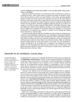 DESARROLLO FÍSICO




                                  marcha comienza a parecerse a la del adulto. A los tres años puede correr, saltar y
                                  andar en un triciclo.
                                     Durante los años preescolares, los músculos del niño se fortalecen y mejora su
                                  coordinación física. Ahora puede lanzar una pelota sin perder el equilibrio, soste
                                  nerse sobre un pierna y correr con mayor fluidez. A los 5 años, casi todos pueden
                                  atrapar un balón con las dos manos, dar volteretas y brincar. En los años interme
                                  dios de la niñez sigue mejorando la capacidad de correr, de saltar, de lanzar objetos
                                  y coordinar los movimientos. Si observa jugar en el patio a un grupo de niños de los
                                  últimos años de primaria, observará originales juegos de piernas en el salto de la
                                  cuerda o en El salto de cojito; juegos de fútbol sóccer o de fútbol americano; otras
                                  actividades que requieren gran agilidad y equilibrio, como caminar en bordes estre
                                  chos o colgarse de las piernas en las barras. Piense, por ejemplo, en el nivel de
                                  coordinación y de equilibrio que requiere el patinaje. Es una hazaña que logran
                                  pocos niños de 6 a 7 años de edad.
                                    La ejecución adecuada de algunas actividades motoras se basa en el perfecciona
                                  miento de ciertas habilidades cognoscitivas. Así, para golpear una pelota de béisbol,
                                  es necesario escoger el momento exacto de balancear el bat. El niño debe estimar la
                                  velocidad de la pelota, formular una respuesta apropiada y contar con tiempo sufi
                                  ciente para que el plan de acción llegue a sus músculos (Cratty, 1986). Los niños de
                                  primaria suelen balancear el bat muy pronto o muy tarde. Por ello las pelotas T,
                                  versión modificada de las de béisbol que se emplean en las máquinas de lanzar,
                                  pueden ser más adecuadas para ellos que las normales. Por la misma razón, una
                                  pelota para patear debería anteceder la instrucción en fútbol sóccer, baloncesto o
                                  fútbol americano (Thomas, 1984).




Desarrollo de las habilidades motoras finas

   s habilidades motoras          La aparición de la marcha en el segundo año libera las manos para que adquieran
gruesas son las siguientes:
                                  las habilidades motoras finas, es decir, las que incluyen pequeños movimientos
mover la cabeza, el cuerpo, las
piernas, los brazos y los
                                  corporales. Exigen una excelente coordinación y control las siguientes actividades:
músculos grandes. Las             vaciar leche, cortar alimentos con el cuchillo y con el tenedor, dibujar, armar las
habilidades motoras finas son     piezas de un rompecabezas, escribir, trabajar en computadora y tocar un instru
los pequeños movimientos          mento musical. Igual que en el caso de las habilidades motoras gruesas, el aprendi
corporales necesarios para
                                  zaje de ellas es un proceso continuo y gradual. Sigue además una secuencia univer
armar un rompecabezas, para
                                  sal, pero cada niño tiene su propio programa.
dibujar o usar las tijeras.
                                     Alcanzar y asir objetos es uno de los primeros movimientos finos en aparecer.
                                  Hacia los 5 meses de edad, el niño puede asir y sostener objetos, pero su coordina
                                  ción de manos y ojo es muy limitada. Puede sostener un frasco con las dos manos,
                                  pero le cuesta mucho trabajo acercar su boca a él. Este tipo de coordinación deberá
                                  aguardar a que se mielinicen las áreas del cerebro que coordinan el movimiento de
                                  manos y ojo. El movimiento de pinzas se inicia al terminar el primer año de vida.
                                  El niño sabe utilizar el pulgar y el índice para levantar objetos pequeños, como
                                  bloques, botones o piezas de rompecabezas. Una vez dominado este movimiento, se
                                  expande enormemente la capacidad de manipular los objetos. A los 2 años de edad,
                                  el niño puede girar las perillas de las puertas y las llaves de agua y jugar con jugue
                                  tes de tipo tornillo. Durante los años preescolares (de 3 a 5 años) se adquiere la
                                  habilidad de armar rompecabezas simples y de sostener lápices de colores, pinceles
                                  o plumas marcadoras.
                                     Entre los 5 y los 6 años, casi todos los niños pueden copiar figuras geométricas
                                  simples, manipular botones y cierres automáticos y, quizás, atarse las agujetas de
                                  los zapatos. También pueden escribir con letra de molde el alfabeto, las letras de su
                                  nombre y los números del 1 al 10 con bastante claridad, aunque su escritura tienda
 