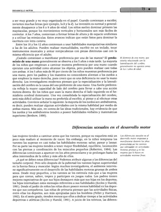 DESARROLLO MOTOR




a ser muy grande y no muy organizada en el papel. Cuando comienzan a escribir,
invierten muchas letras (por ejemplo, la lo y la d). La inversión es normal y general
mente desaparece a los 8 o 9 años de edad. Los niños suelen dominar primero las
mayúsculas, porque los movimientos verticales y horizontales son más fáciles de
controlar. A los 7 años, comienzan a formar letras de altura y de espacio uniformes
y a utilizar las minúsculas. Estos avances indican que están listos para dominar la
escritura con letra cursiva.
  Entre los 10 y los 12 años comienzan a usar habilidades manipulativas similares
a las de los adultos. Pueden realizar manualidades, escribir en un teclado, tocar
instrumentos musicales y armar rompecabezas con piezas diminutas casi con la
misma eficiencia que el adulto.
  ¿Cuándo comienzan a manifestar preferencia por una de las manos? El predo-                El dominio de una mano, qu
minio de una mano generalmente se observa a los 5 años o más tarde. La mayoría              estaría relacionado con la
                                                       r      .                       j     lateralizacion del cerebro,
de los niños que empiezan a caminar muestra preferencia por una mano cuando                 gmemlmente no aparece am
ejecutan una actividad como alcanzar los objetos, pero pueden realizar casi todas           ¿^ Xos 5 años ¿^ edad
con ambas. A los 5 años más de 90 por ciento de los niños muestran preferencia por
una mano, pero los padres y los maestros no conocedores alientan a los zurdos a
que empleen la mano derecha, pues creen que es una deficiencia no usar la mano
derecha. Los investigadores modernos piensan que la especialización y la laterali
zacion del cerebro es la causa del uso preferente de una mano. Una fuerte preferen
cia refleja la mayor capacidad de lado del cerebro para llevar a cabo una acción
motora diestra. En los niños que usan la mano derecha el lado izquierdo es el he
misferio cerebral dominante. Una vez consolidada la especialización del cerebro,
será más difícil utilizar la mano no preferida al escribir, al pintar y al efectuar otras
actividades. Conviene señalar lo siguiente: la mayoría de los zurdos son ambidiestros,
es decir, pueden realizar algunas actividades con la misma habilidad por medio de
ambas manos. Más aún, en contra de las ideas tradicionales, hay evidencia de que
los zurdos y los ambidiestros tienden a poseer habilidades verbales y matemáticas
superiores (Benbow, 1986).




                                                  Diferencias sexuales en el desarrollo motor

Las mujeres tienden a caminar antes que los varones, porque su esqueleto está un            Las diferencias sexuales en el
                                                                                            desarrollo motor empiezan a
poco más maduro al momento de nacer. Sin embargo, en la niñez temprana los
                                                                                            manifestarse durante los años
varones las superan en casi todas las habilidades motoras: saltar, patear y lanzar.         preescolares en los varones
Por su parte las mujeres tienden a tener mayor flexibilidad, equilibrio, locomoción         que sobresalen en actividades
con las piernas y coordinación de los músculos pequeños (Roberton, 1984). Las               motoras gruesas y en las
diferencias comienzan a aparecer en los años preescolares y se prolongan hasta los          mujeres que lo hacen en
                                                                                            actividades motoras finas.
años intermedios de la niñez y más allá de ellos.
  ¿A qué se deben estas diferencias? Podemos atribuir algunas a las diferencias del
tamaño corporal. Pero sólo después de la pubertad los varones logran superioridad
en la fuerza física y muscular. Según muchos investigadores, el ambiente intervie
ne significativamente en el desarrollo de las habilidades motoras gruesas de ambos
sexos. Desde muy pequeños, a los varones se les estimula más que a las mujeres
para que corran, salten, trepen y participen en juegos rudos. Los padres tienen
mejores expectativas de que sus hijos destaquen más que sus hijas en los deportes;
los hijos internalizan estos mensajes referentes a sus habilidades (Eccles y Harold,
1991). Desde el jardín de niños las niñas dicen poseer menos habilidad en los depor
tes que sus compañeros. Las niñas de primaria piensan que las actividades físicas,
entre ellas los deportes, son más apropiadas para los hombres (Pellet y Harrison,
1992). En el sexto grado, tienden menos que ellos a dedicar tiempo a las actividades
deportivas o atléticas (Eccles y Harold, 1991). Ajuicio de los teóricos, las diferen-
 