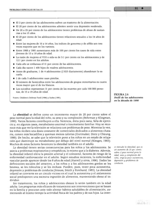 PROBLEMAS ESPECIALES DE SALUD




  ♦ El 3 por ciento de las adolescentes sufren un trastorno de la alimentación.

  ♦ El 20 por ciento de los adolescentes admiten sentir una depresión moderada.

  ♦ De 20 a 25 por ciento de los adolescentes tienen problemas de abuso de sustan
     cias a los 15 años.

  ♦ El 20 por ciento de los adolescentes tienen relaciones sexuales a los 14 años de
     edad.

  ♦ Entre las mujeres de 10 a 14 años, los índices de gonorrea y de sífilis son tres
     veces mayores que en los varones.

  ♦ Entre 1988 y 1991 aumentaron más de 100 por ciento los casos de sida entre
     jóvenes de 13 a 19 años de edad.

  ♦ La razón de mujeres al VIH o sida es de 5:1 por ciento en los adolescentes y de
     12:1 por ciento en los adultos.

  ♦ Cada año se embaraza el 11 por ciento de las adolescentes.
  ♦ Cada día nacen 1 400 hijos de madres adolescentes.

  ♦ Antes de graduarse, 1 de 4 adolescentes (2 833 diariamente) abandonan la es
     cuela.

  ♦ 1 de cada 5 adolescentes usan pistolas.

  ♦ El número de homicidios entre los adolescentes de grupos minoritarios es cuatro
     veces mayor que el de los blancos.

  ♦ Los suicidios representan 11 por ciento de las muertes por cada 100 000 perso
     nas, de 15 a 19 años de edad.
                                                                                           FIGURA 2.6
  Fuente: Children's Defense Fund (1996) y Scales (1991).                                  Perfil de los adolescentes
                                                                                           en la década de 1990




   La obesidad se define como un incremento mayor de 20 por ciento sobre el
peso normal para la edad del niño, su sexo y su complexión (Behrman y Kliegman,
1990). Varios factores contribuyen a ella: herencia, dieta poco sana, falta de ejerci
cio y, en algunos casos, metabolismo anormal o traumatismo familiar. Hoy se reco
noce más que ver la televisión se relaciona con problemas de peso. Mientras la ven,
los niños reciben una dosis constante de comerciales dedicados a alimentos chata
rra, comen más bocadillos y queman menos calorías (Gortmaker, Dietz y Cheung,
1990). De hecho, se sabe que la televisión pone a los niños en un estado de relaja
ción que disminuye su metabolismo por debajo del nivel normal (Klesges, 1993).
Muchos de estos factores favorecen la obesidad también en el adulto.
   La obesidad tienen serias consecuencias para los niños y los adolescentes. Se           A menudo la obesidad, que es
                                                                                           un aumento de 20 por ciento
asocia a problemas respiratorios y ortopédicos, lo mismo que a la diabetes. Además,
                                                                                           sobre el peso normal para la
la obesidad infantil eleva la presión arterial y el colesterol, factores de riesgo de la   edad, sexo y complexión del
enfermedad cardiovascular en el adulto. Según estudios recientes, la enfermedad            niño, origina poca autoestima,
vascular puede aparecer desde los 8 años de edad (Harrell y otros, 1996). Dadas las        depresión y problemas de

definiciones sociales del atractivo, a los niños y a los adolescentes gordos se les        conducta.

bromea, se les ridiculiza y se les rechaza. Pueden, pues, tener poca autoestima,
depresión y problemas de conducta (Strauss, Smith y Forehand, 1985). La obesidad
infantil se convierte en un círculo vicioso en el cual la autoestima y el aislamiento
social predisponen una excesiva ingestión de alimentos, manteniendo obeso al in
dividuo.
   Sin tratamiento, los niños y adolescentes obesos lo serán también en la edad
adulta. Los programas más eficaces de tratamiento son intervenciones que se basan
en la familia y procuran ante todo alentar hábitos saludables de alimentación, au
mentando al mismo tiempo la actividad física de los padres y de sus hijos. La inter-
 