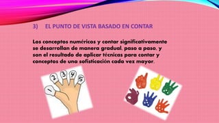 3) EL PUNTO DE VISTA BASADO EN CONTAR
Los conceptos numéricos y contar significativamente
se desarrollan de manera gradual, paso a paso, y
son el resultado de aplicar técnicas para contar y
conceptos de una sofisticación cada vez mayor.
 