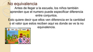 No equivalencia
Antes de llegar a la escuela, los niños también
aprenden que el numero puede especificar diferencia
entre conjuntos.
Esto quiere decir que ellos ven diferencia en la cantidad
o el valor que estos reciben aquí es donde se ve la no
equivalencia.
 