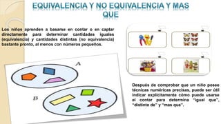 Los niños aprenden a basarse en contar o en captar
directamente para determinar cantidades iguales
(equivalencia) y cantidades distintas (no equivalencia)
bastante pronto, al menos con números pequeños.
Después de comprobar que un niño posee
técnicas numéricas precisas, puede ser útil
indicar explícitamente cómo puede usarse
el contar para determina “igual que”,
“distinto de” y “mas que”.
 