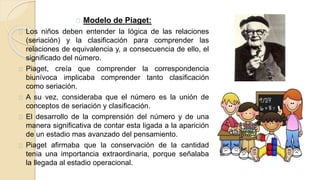 Modelo de Piaget:
Los niños deben entender la lógica de las relaciones
(seriación) y la clasificación para comprender las
relaciones de equivalencia y, a consecuencia de ello, el
significado del número.
Piaget, creía que comprender la correspondencia
biunívoca implicaba comprender tanto clasificación
como seriación.
A su vez, consideraba que el número es la unión de
conceptos de seriación y clasificación.
El desarrollo de la comprensión del número y de una
manera significativa de contar esta ligada a la aparición
de un estadio mas avanzado del pensamiento.
Piaget afirmaba que la conservación de la cantidad
tenia una importancia extraordinaria, porque señalaba
la llegada al estadio operacional.
 