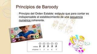 Principios de Baroody
Principio del Orden Estable: estipula que para contar es
indispensable el establecimiento de una secuencia
numérica coherente.
 