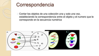 Correspondencia
Contar los objetos de una colección una y solo una vez,
estableciendo la correspondencia entre el objeto y el numero que le
corresponde en la secuencia numérica
 