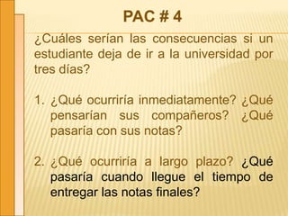 PAC # 4
¿Cuáles serían las consecuencias si un
estudiante deja de ir a la universidad por
tres días?
1. ¿Qué ocurriría inmediatamente? ¿Qué
pensarían sus compañeros? ¿Qué
pasaría con sus notas?
2. ¿Qué ocurriría a largo plazo? ¿Qué
pasaría cuando llegue el tiempo de
entregar las notas finales?
 