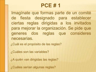 PCE # 1
Imagínate que formas parte de un comité
de fiesta designado para establecer
ciertas reglas dirigidas a los invitados
para mejorar la organización. Se pide que
generes dos reglas que consideres
necesarias.
¿Cuál es el propósito de las reglas?
¿Cuáles son las variables?
¿A quién van dirigidas las reglas?
¿Cuáles serían algunas reglas?
 