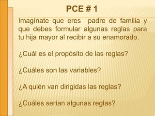 PCE # 1
Imagínate que eres padre de familia y
que debes formular algunas reglas para
tu hija mayor al recibir a su enamorado.
¿Cuál es el propósito de las reglas?
¿Cuáles son las variables?
¿A quién van dirigidas las reglas?
¿Cuáles serían algunas reglas?
 