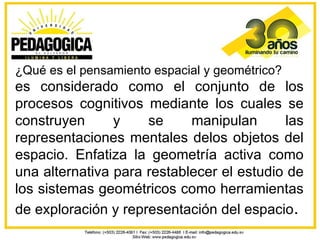 ¿Qué es el pensamiento espacial y geométrico?
es considerado como el conjunto de los
procesos cognitivos mediante los cuales se
construyen      y    se     manipulan      las
representaciones mentales delos objetos del
espacio. Enfatiza la geometría activa como
una alternativa para restablecer el estudio de
los sistemas geométricos como herramientas
de exploración y representación del espacio.
 