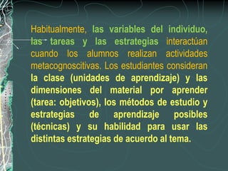 Habitualmente, las variables del individuo,
las tareas y las estrategias interactúan
cuando los alumnos realizan actividades
metacognoscitivas. Los estudiantes consideran
la clase (unidades de aprendizaje) y las
dimensiones del material por aprender
(tarea: objetivos), los métodos de estudio y
estrategias de aprendizaje posibles
(técnicas) y su habilidad para usar las
distintas estrategias de acuerdo al tema.
 