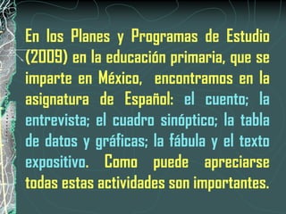 En los Planes y Programas de Estudio
(2009) en la educación primaria, que se
imparte en México, encontramos en la
asignatura de Español: el cuento; la
entrevista; el cuadro sinóptico; la tabla
de datos y gráficas; la fábula y el texto
expositivo. Como puede apreciarse
todas estas actividades son importantes.
 