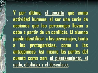 Y por último, el cuento que como
actividad humana, al ser una serie de
acciones que los personajes llevan a
cabo a partir de un conflicto. El alumno
puede identificar a los personajes, tanto
a los protagonistas, como a los
antagónicos. Así mismo las partes del
cuento como son: el planteamiento, el
nudo, el clímax y el desenlace.
 
