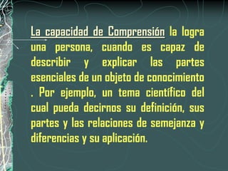 La capacidad de Comprensión la logra
una persona, cuando es capaz de
describir y explicar las partes
esenciales de un objeto de conocimiento
. Por ejemplo, un tema científico del
cual pueda decirnos su definición, sus
partes y las relaciones de semejanza y
diferencias y su aplicación.
 