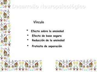Desarrollo Neuropsicológico
Vínculo
* Efecto sobre la ansiedad
*

Efecto de base segura

*

Reducción de la ansiedad

*

Protesta de separación

 