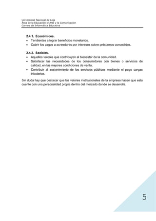 2.4.1. Económicos.
      Tendientes a lograr beneficios monetarios.
      Cubrir los pagos a acreedores por intereses sobre préstamos concedidos.

   2.4.2. Sociales.
      Aquellos valores que contribuyen al bienestar de la comunidad.
      Satisfacer las necesidades de los consumidores con bienes o servicios de
      calidad, en las mejores condiciones de venta.
      Contribuir al sostenimiento de los servicios públicos mediante el pago cargas
      tributarias.

Sin duda hay que destacar que los valores institucionales de la empresa hacen que esta
cuente con una personalidad propia dentro del mercado donde se desarrolla.




                                                                                     5
 