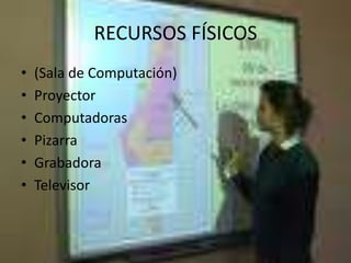 RECURSOS FÍSICOS(Sala de Computación)ProyectorComputadorasPizarraGrabadoraTelevisor