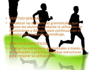OBJETIVO GENERAL:Fortalecer las deficiencias gramaticales que poseen los alumnos mediante la utilización de exposiciones y diálogos para continuar con el proceso de enseñanza-aprendizaje.  OBJETIVOS ESPECÍFICOS:Analizar las estructuras gramaticales a través de la explicación y practica de dichas estructuras para  mejorar su utilización .