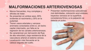 MALFORMACIONES ARTERIOVENOSAS
● Menos frecuentes, muy complejas y
difíciles de tratar.
● Se presentan en ambos sexo, 65%
evidentes al nacimiento y 35% en la
pubertad.
● Tienen vasos arteriales y venosos
anómalos conectados entre sí, sin lecho
capilar intermedio, por falla en la
regresión de los canales arteriovenosos.
● Se caracterizan por derivación del flujo
de alta velocidad y baja resistencia de la
vasculatura arterial al sistema venoso.
● Localización más frecuente en la
cabeza seguida del cuello.
• Presentan neoformaciones subcutáneas
mal delimitadas, coloración azul-violáceo,
trayectos venosos en la superficie,
consistencia firme y a la palpación se
detecta un pulso.
 