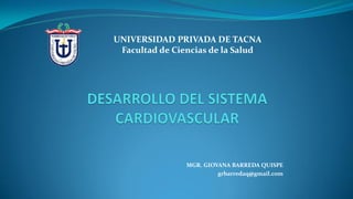 MGR. GIOVANA BARREDA QUISPE
grbarredaq@gmail.com
UNIVERSIDAD PRIVADA DE TACNA
Facultad de Ciencias de la Salud
 