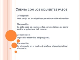 CUENTA CON LOS SIGUIENTES PASOS
Concepción:
Esta se fija en los objetivos para desarrollar el modelo
Elaboración.
En este paso se establece las características de como
será la arquitectura del mismo.
Construcción.
Implica el desarrollo del programa.
Transacción.
Es el modelo en el cual se transfiere el producto final
al usuario.
 