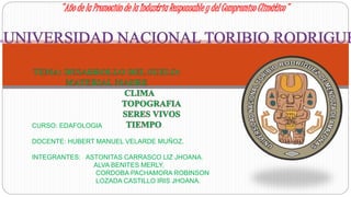«
CURSO: EDAFOLOGIA
DOCENTE: HUBERT MANUEL VELARDE MUÑOZ.
INTEGRANTES: ASTONITAS CARRASCO LIZ JHOANA.
ALVA BENITES MERLY.
CORDOBA PACHAMORA ROBINSON
LOZADA CASTILLO IRIS JHOANA.
"Año de la Promoción de la Industria Responsable y del Compromiso Climático"
 
