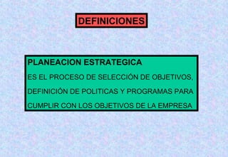 DEFINICIONES

PLANEACION ESTRATEGICA
ES EL PROCESO DE SELECCIÓN DE OBJETIVOS,
DEFINICIÓN DE POLITICAS Y PROGRAMAS PARA
CUMPLIR CON LOS OBJETIVOS DE LA EMPRESA

 