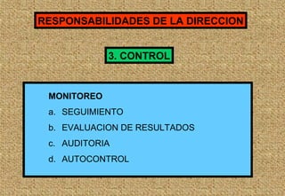 RESPONSABILIDADES DE LA DIRECCION
3. CONTROL

MONITOREO
a. SEGUIMIENTO
b. EVALUACION DE RESULTADOS
c. AUDITORIA
d. AUTOCONTROL

 