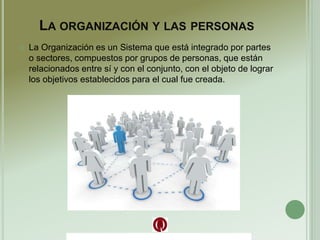 LA ORGANIZACIÓN Y LAS PERSONAS
 La Organización es un Sistema que está integrado por partes
o sectores, compuestos por grupos de personas, que están
relacionados entre sí y con el conjunto, con el objeto de lograr
los objetivos establecidos para el cual fue creada.
 