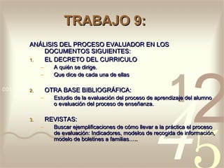 TRABAJO 9:
ANÁLISIS DEL PROCESO EVALUADOR EN LOS
    DOCUMENTOS SIGUIENTES:
1.  EL DECRETO DEL CURRICULO
     –     A quién se dirige.
     –     Que dice de cada una de ellas

2.       OTRA BASE BIBLIOGRÁFICA:
     –     Estudio de la evaluación del proceso de aprendizaje del alumno
           o evaluación del proceso de enseñanza.

3.       REVISTAS:
     –     Buscar ejemplificaciones de cómo llevar a la práctica el proceso
           de evaluación: Indicadores, modelos de recogida de información,
           modelo de boletines a familias…..
 