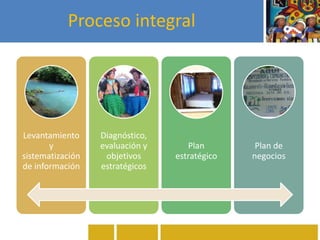 Proceso integral
Levantamiento
y
sistematización
de información
Diagnóstico,
evaluación y
objetivos
estratégicos
Plan
estratégico
Plan de
negocios
 