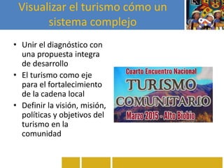 Visualizar el turismo cómo un
sistema complejo
• Unir el diagnóstico con
una propuesta integra
de desarrollo
• El turismo como eje
para el fortalecimiento
de la cadena local
• Definir la visión, misión,
políticas y objetivos del
turismo en la
comunidad
 
