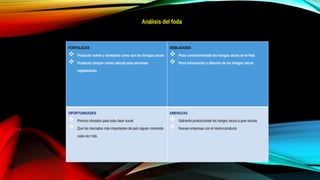Análisis del foda
FORTALEZAS
 Producto nuevo y novedoso como son los hongos secos
 Producto cienpor ciento natural para personas
vegetarianas
DEBILIDADES
 Poco conocimientode los hongos secos en el País
 Poca información y difusión de los hongos secos
OPORTUNIDADES
 Precios cómodos para toda clase social
 Que los mercados más importantes de país siguen creciendo
cada vez más.
AMENAZAS
 Salinerito producciónde los hongos secos a gran escala
 Nuevas empresas con el mismo producto
 