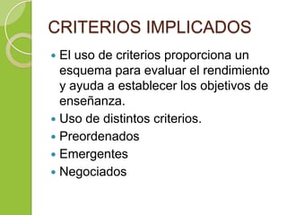 CRITERIOS IMPLICADOS
 El uso de criterios proporciona un
esquema para evaluar el rendimiento
y ayuda a establecer los objetivos de
enseñanza.
 Uso de distintos criterios.
 Preordenados
 Emergentes
 Negociados
 